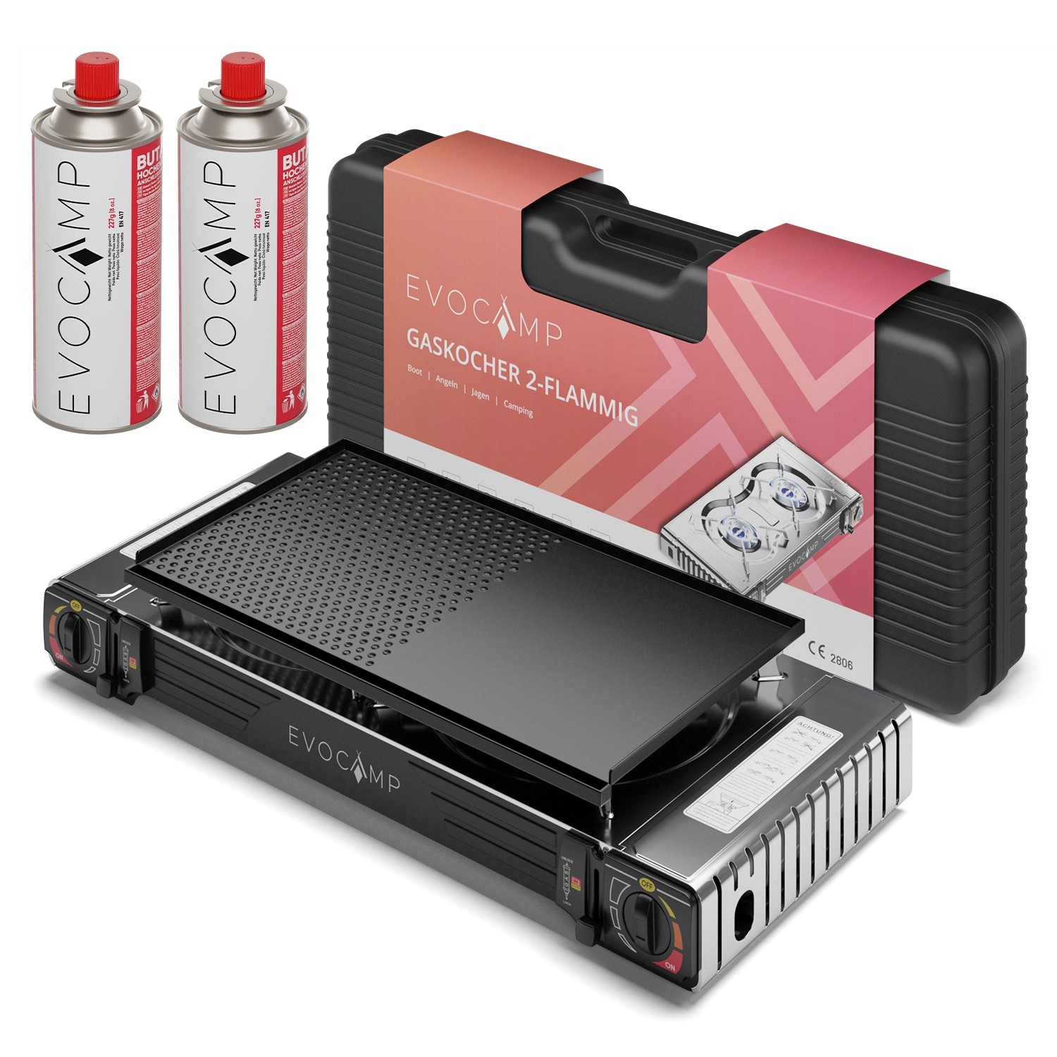 Evocamp Camping Gaskocher 2-Flammig mit Grillaufsatz 45 cm und 2 227 g Gaskartuschen MSF-1a