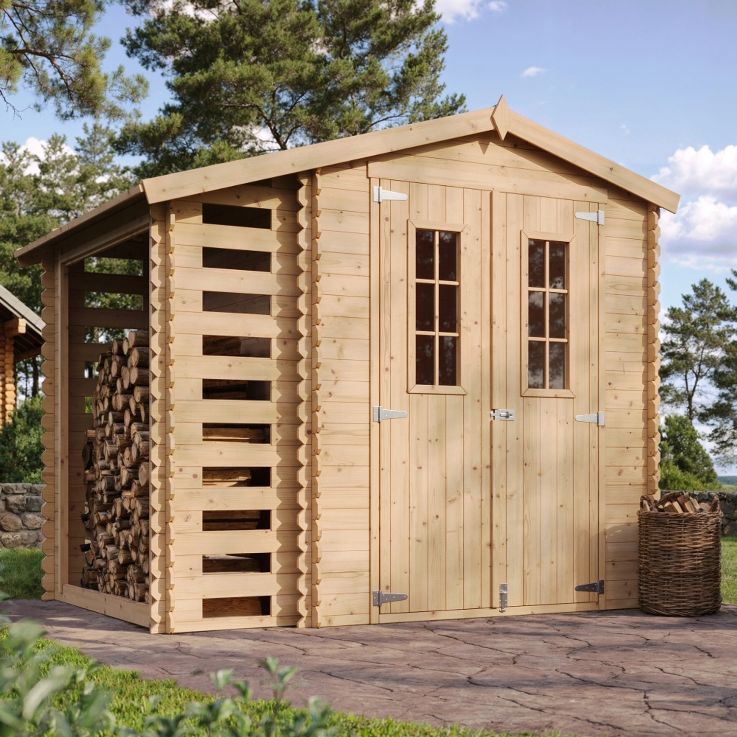 Timbela Holz-Gartenhaus mit Brennholzregal M386C+M386G 4,5 m² mit Boden