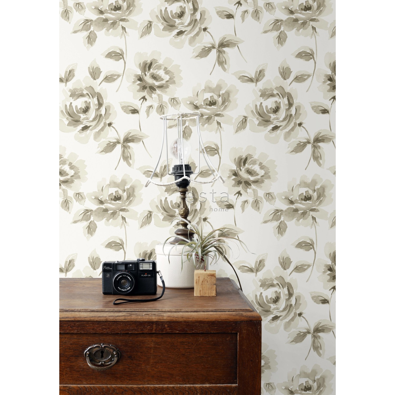 ESTAhome Tapete Aquarell Gemalte Rosen Beige und Braun 53 cm x 10,05 m 128012