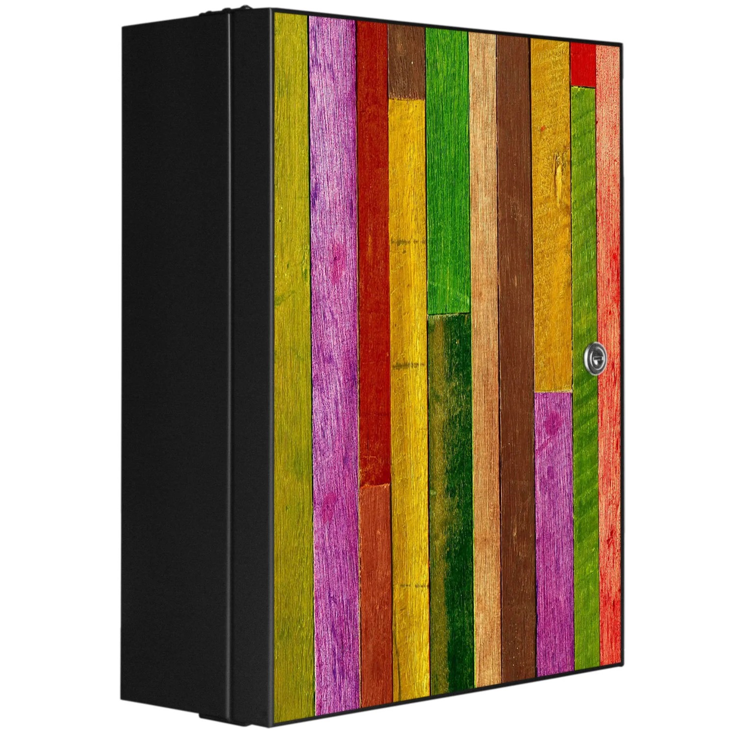 Banjado XXL Medizinschrank Abschliessbar 35x46x15cm Arzneischrank Anthrazit Aus Metall Front Mit Motiv Holz Collage Bunt