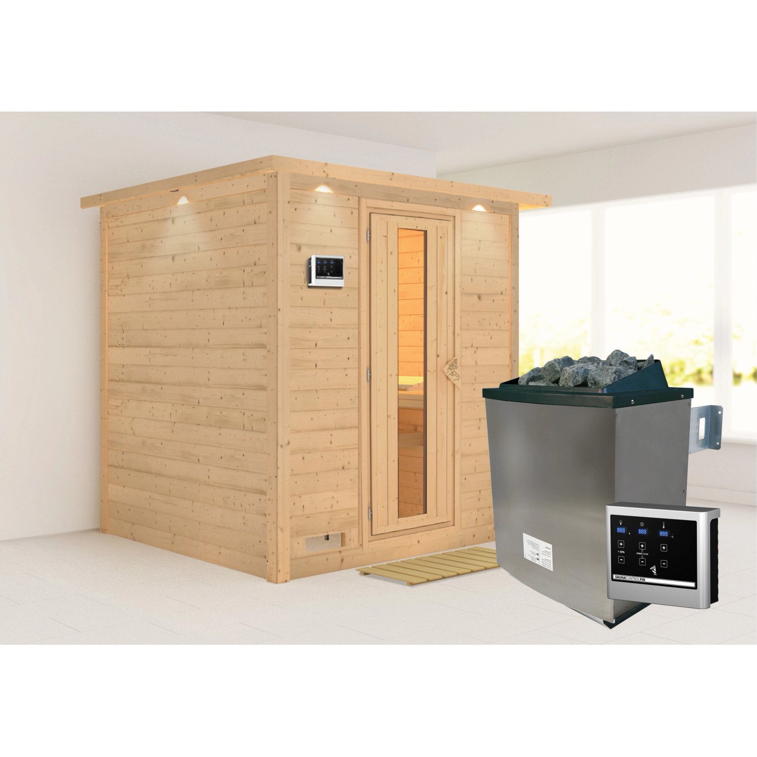 Karibu Sauna Marika mit Ofen m. mit Ofen externe Stg.LED-Dachkranz Natur