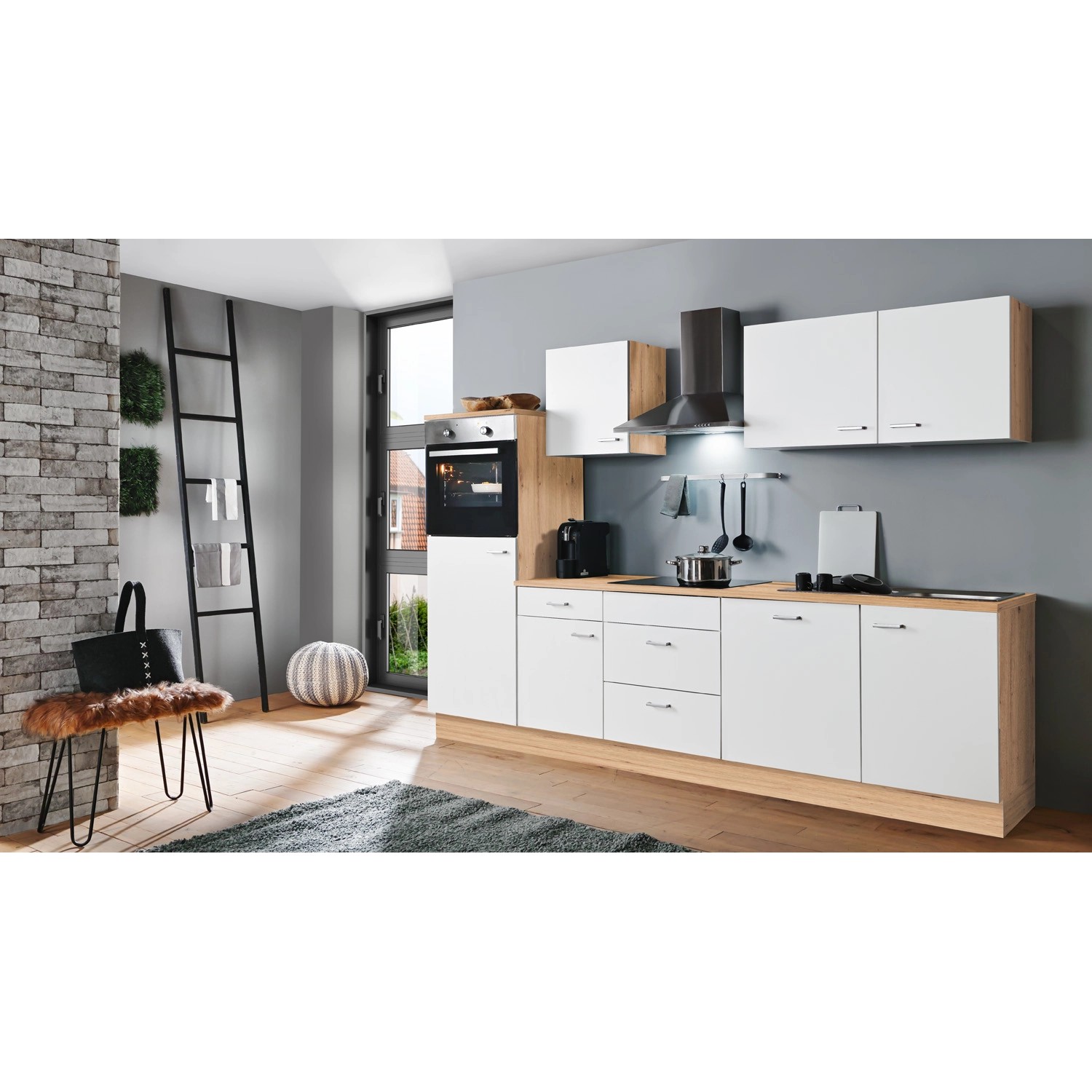 Menke Küchenzeile Artisan Classic 280 cm Weiß Matt-Artisan Eiche Nachbildung