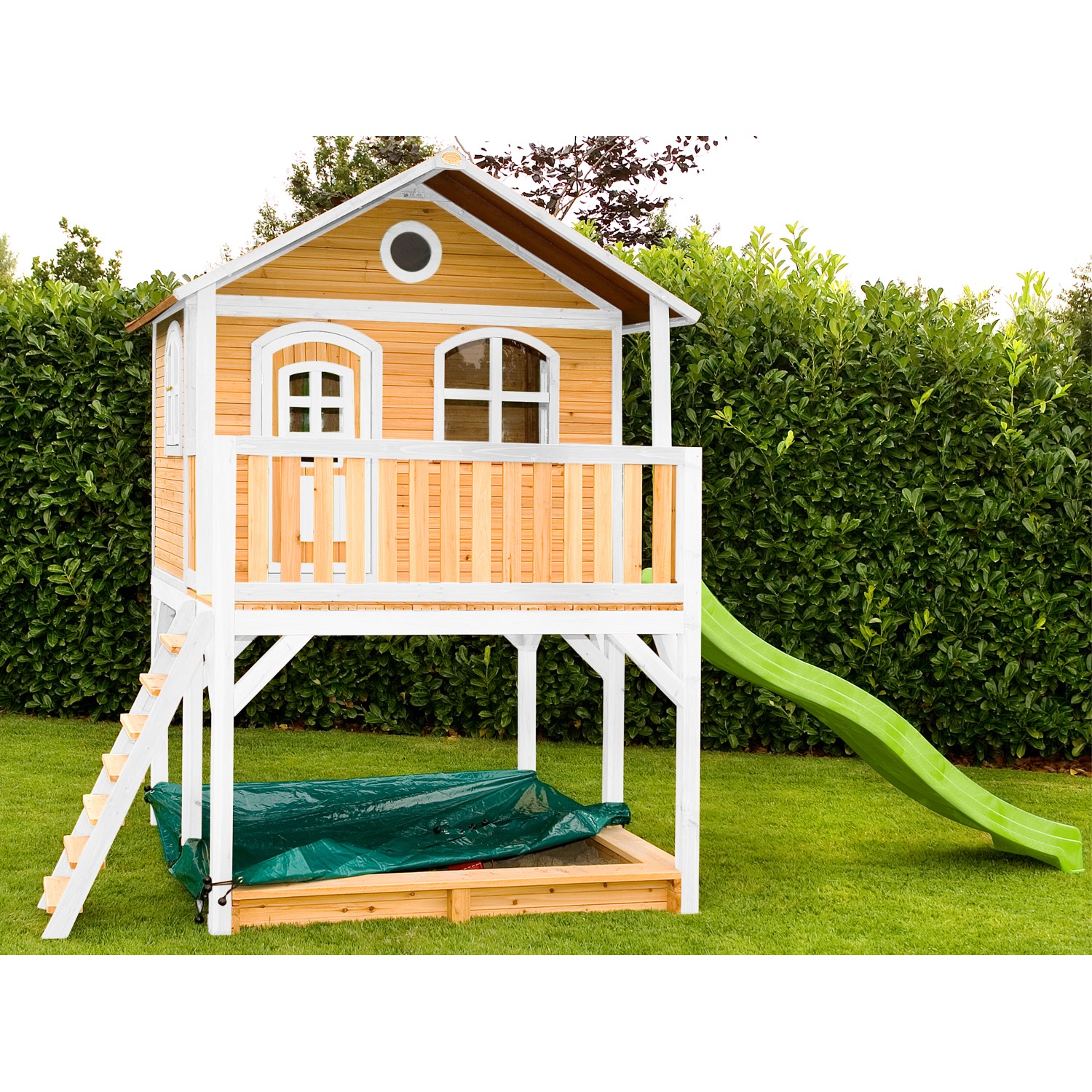 Axi Marc Spielhaus Braun - Weiß mit Lindgrüner Rutsche 212 x 432 x 293 cm