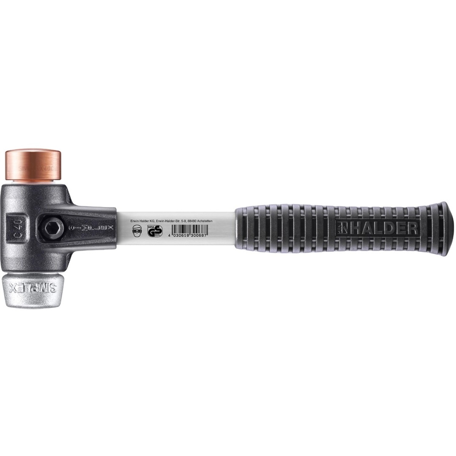 Halder Simplex Schonhammer Ø 40 mm Kupfer Weichmetall mit Verstärktem Tempergussgehäuse und FiberglasStiel