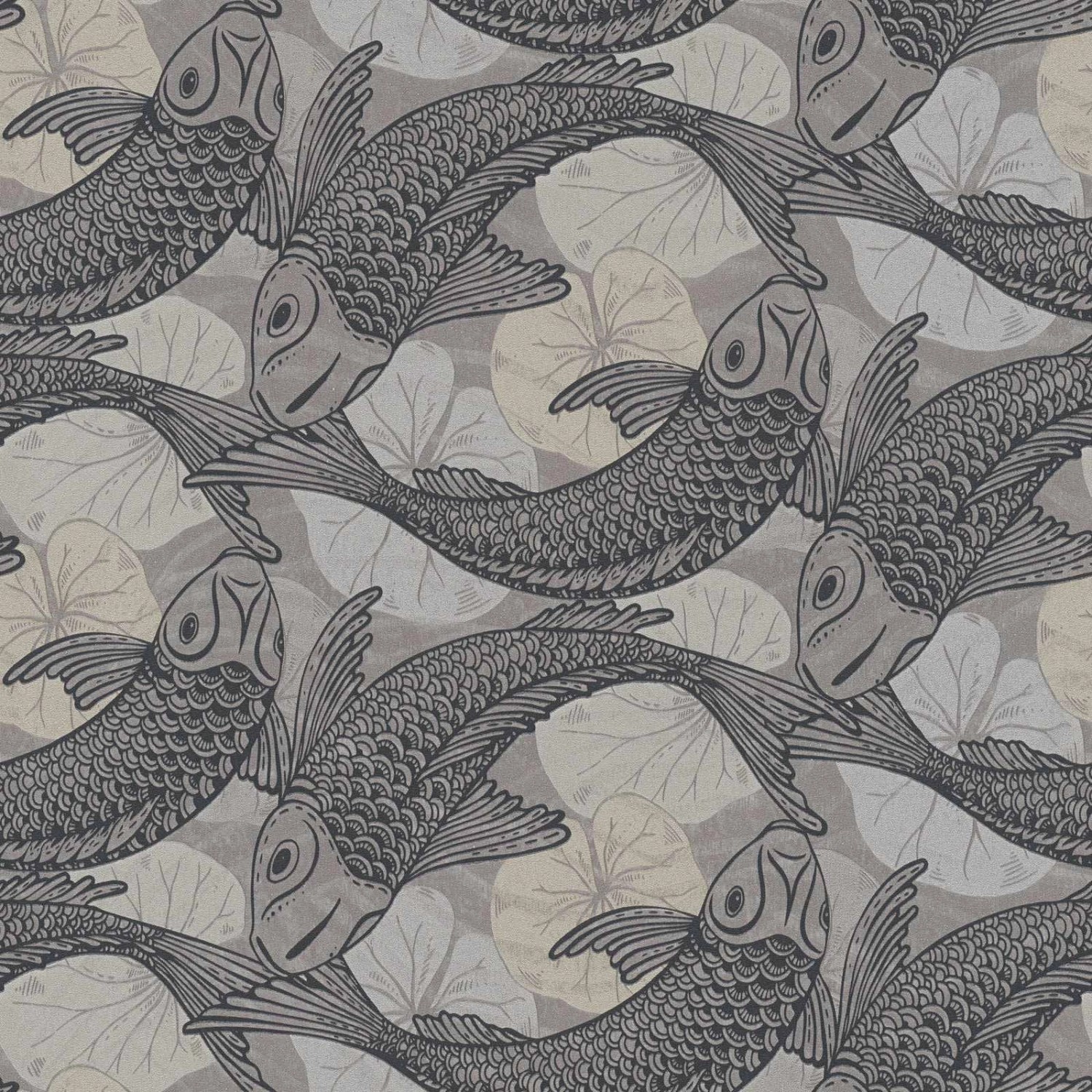 Bricoflor Graue Vliestapete Asiatisch Japanische Tapete mit Koi Karpfen Modern Vlies Fischtapete Ideal für Esszimmer und Wohnzimmer Chinesisch