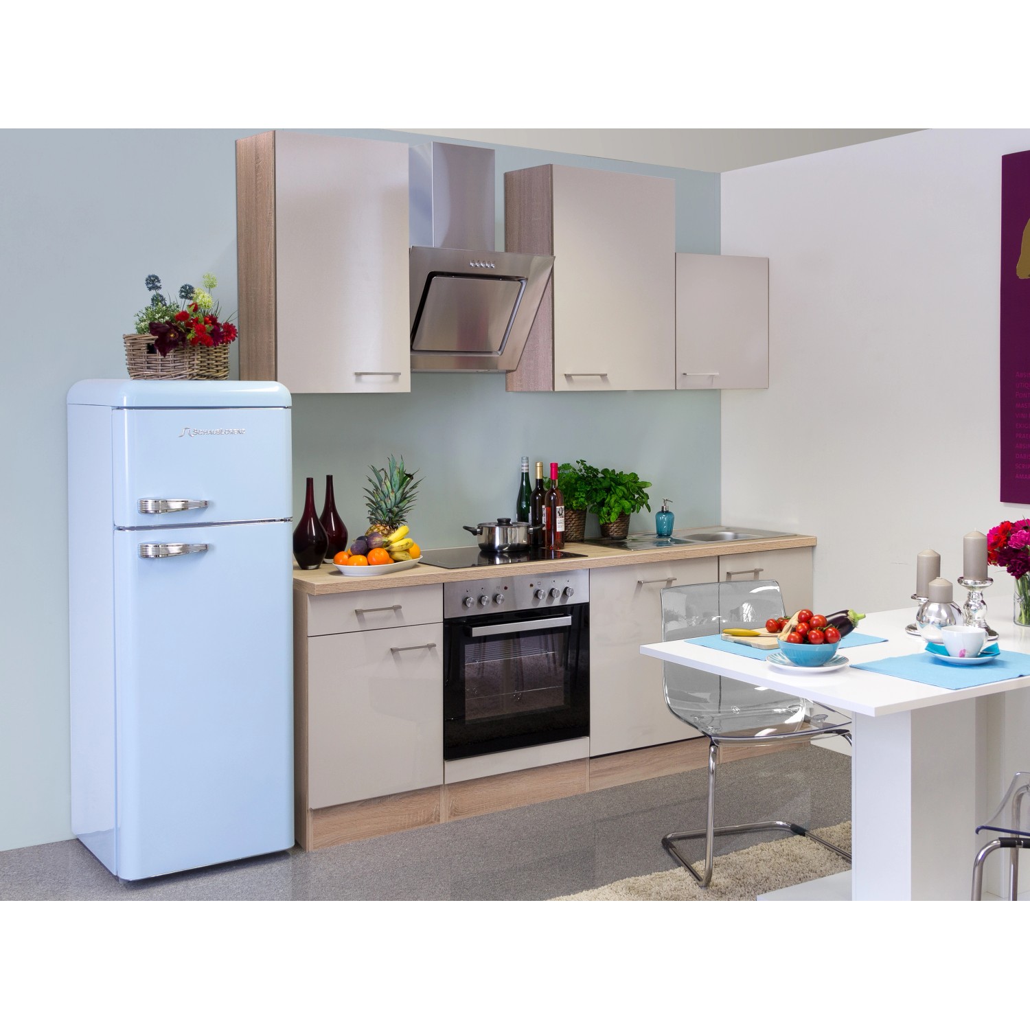 Flex-Well Exclusiv Küchenzeile Orlando 220 cm Kaschmir Glanz-Sonoma Eiche