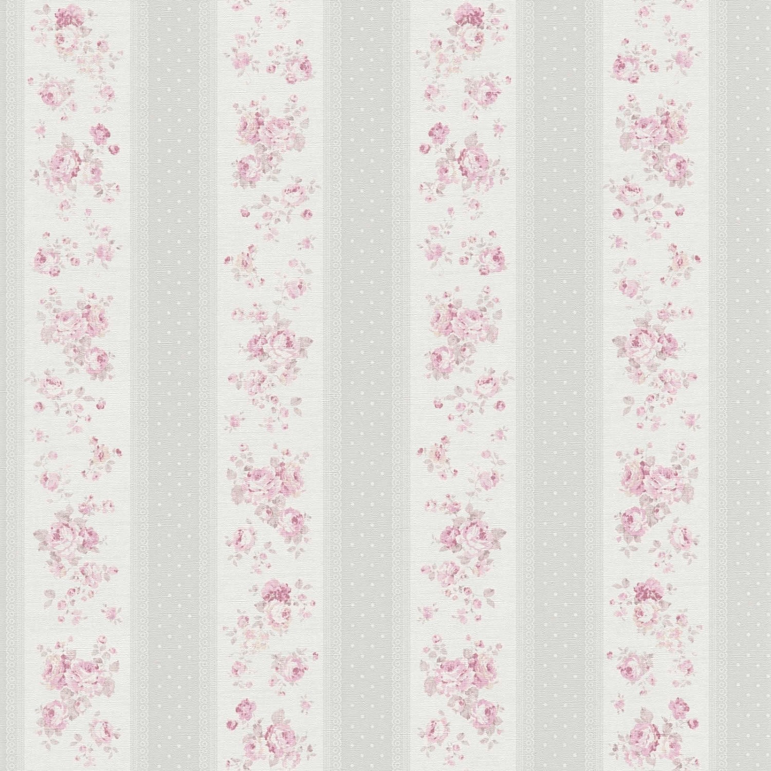 Bricoflor Tapete im Shabby Chic Vintage Landhausstil Romantische Vliestapete mit Rosen und Streifen Wandtapete in Grau Rosa