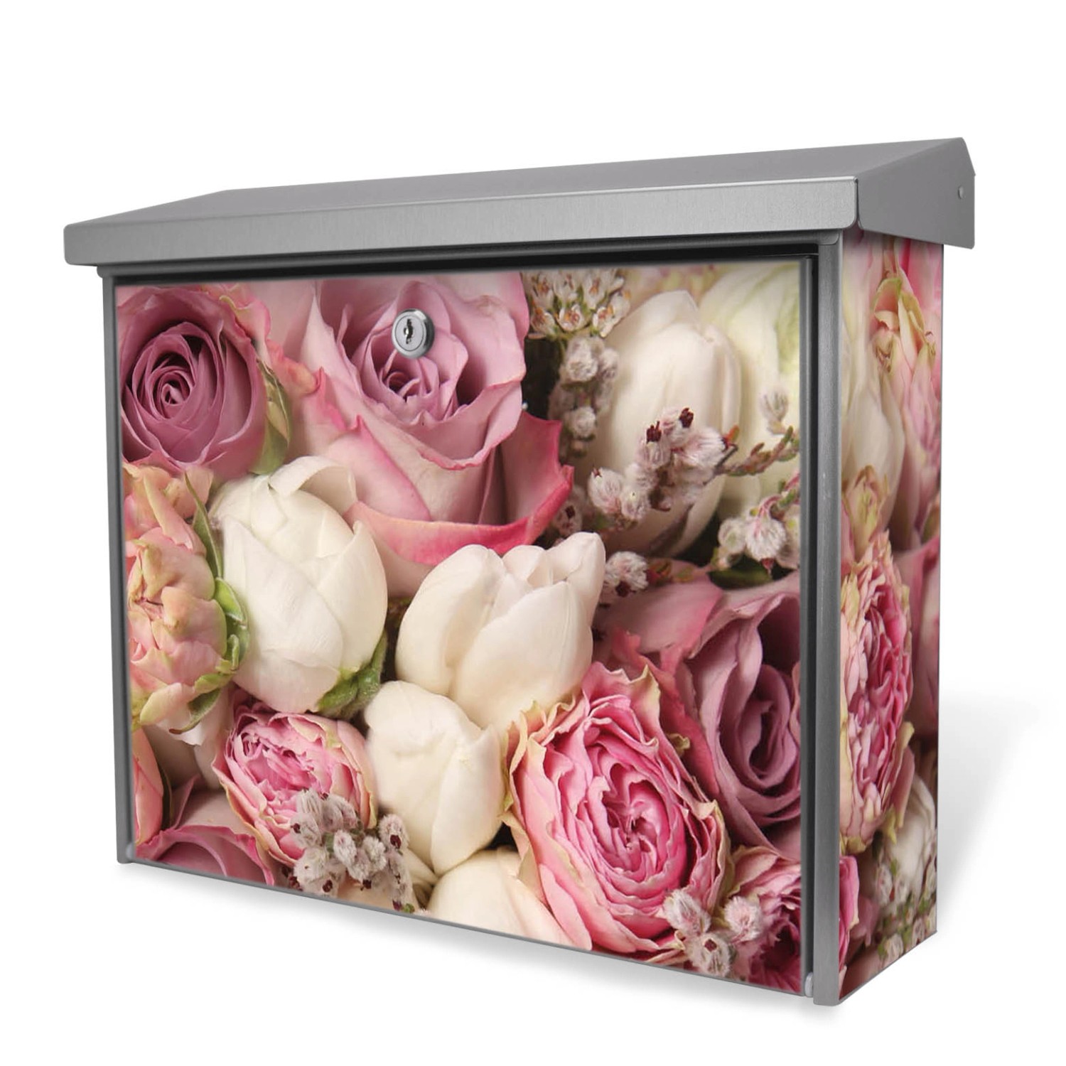 Banjado Briefkasten Edelstahl 38.5x31.5x12cm Ohne Zeitungsfach Inkl. Montagematerial Motiv Strauss Rosen