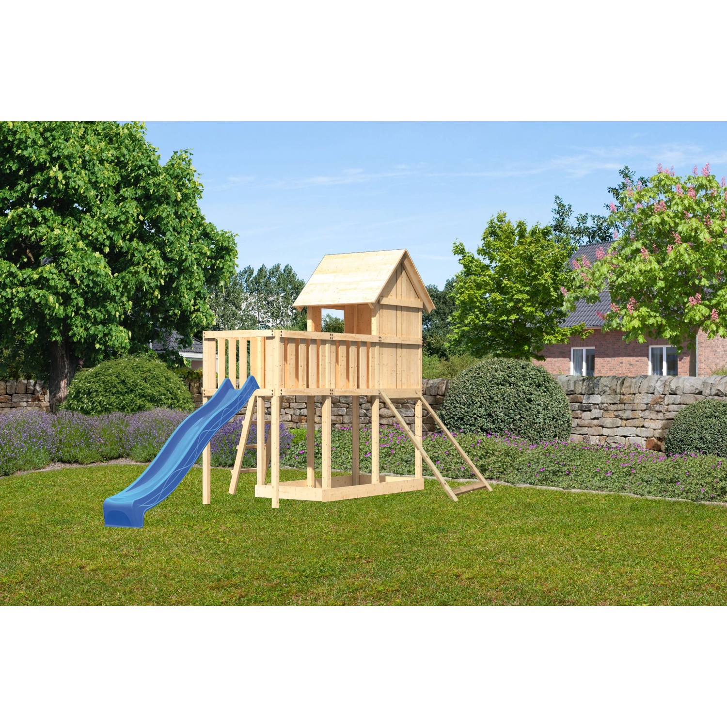 Karibu Stelzenhaus Frieda Anbauplattform Netzrampe Rutsche Blau