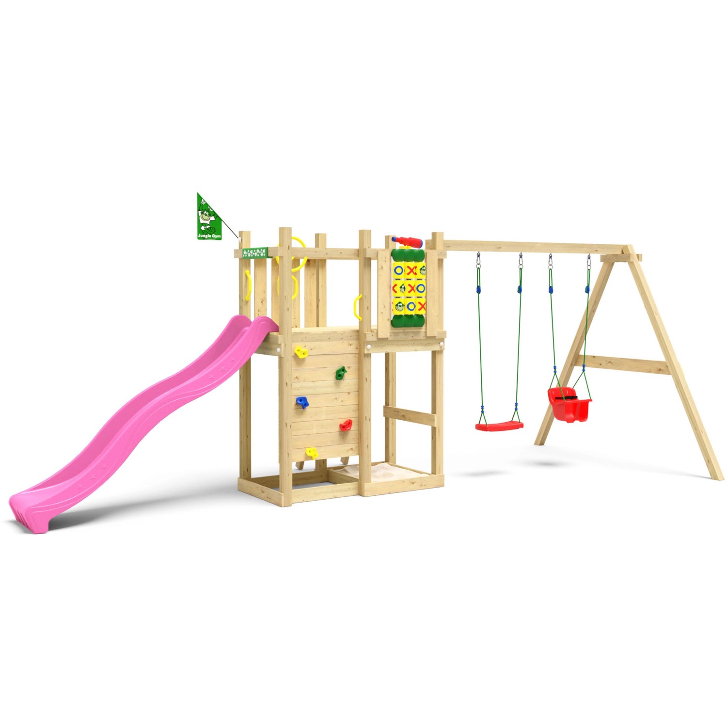Jungle Gym Spielturm Ledge Holz mit Doppelschaukel Tic Tac Toe Rutsche Fuchsia