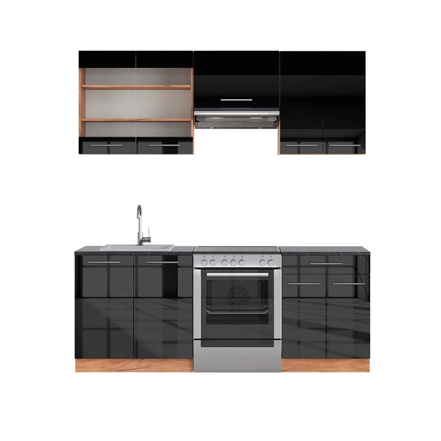 Vicco Fame-Line Einbauküche Anthrazit Hochglanz/Goldkraft Eiche 200 cm AP Anthrazit