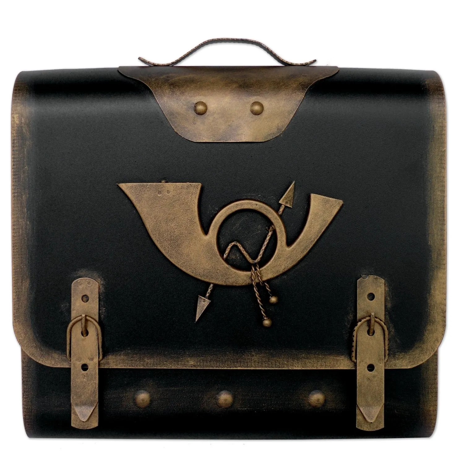 HMF 511-23 Briefkasten Alter Schulranzen mit Posthorn 40 x 40 x 9 cm Gold