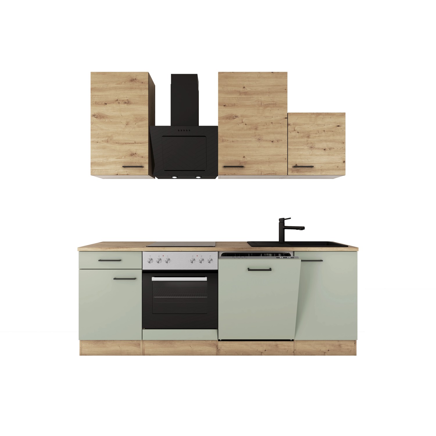 Flex-Well Exclusiv Küche 1701-017sWS Cara 220 cm Schilfgrün matt - Artisan Eiche