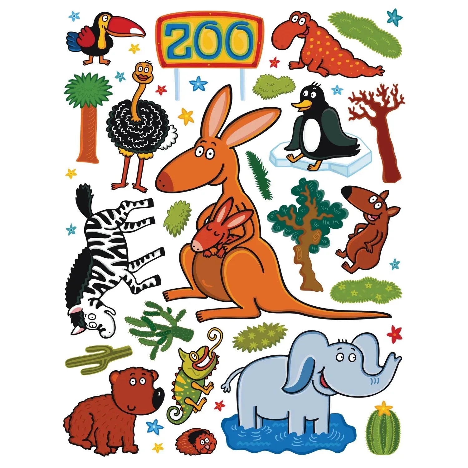 Sanders & Sanders Wandtattoo Zoo Tiere Grün Braun und Blau 65 x 85 cm 600245