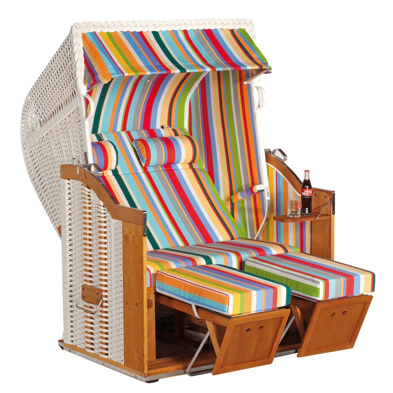 Natur24 Strandkorb Classic Halbliegemodell 2-Sitzer Weiß Bunt Gestreift