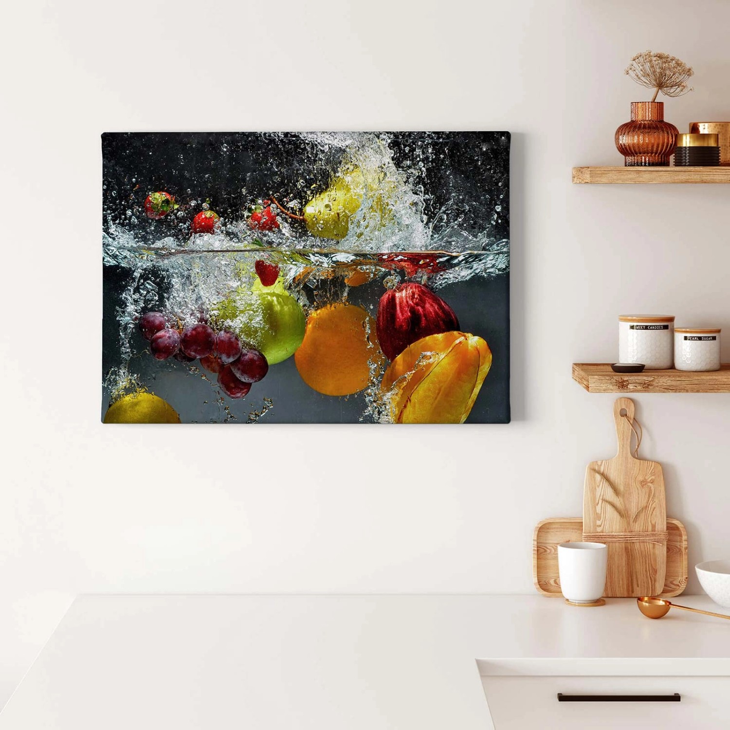 Bricoflor Leinwand Bild Mit Obst Küchenbild Mit Früchten Auf Leinwand Und Keilrahmen Leinwandbild In Schwarz Und Bunt Mit Wasser Design