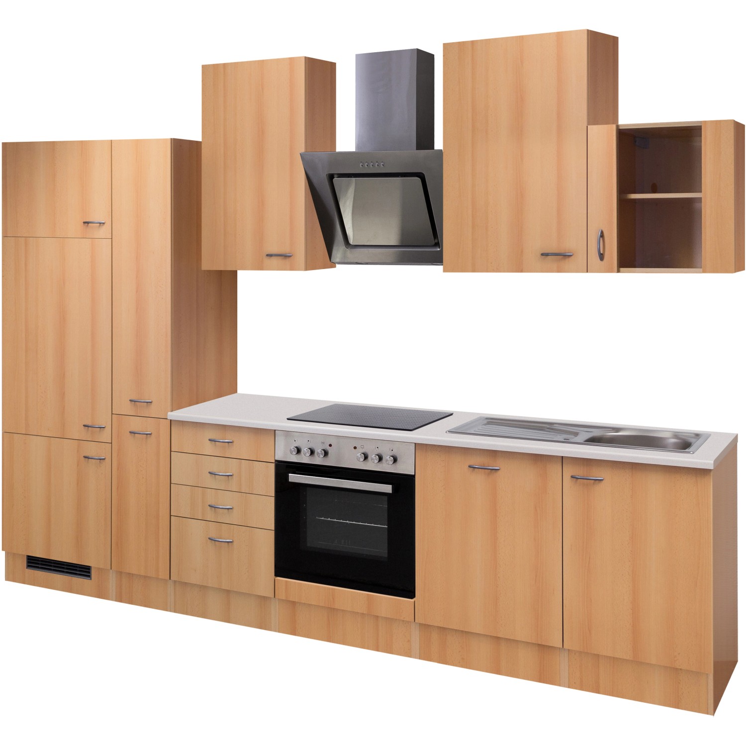 Flex-Well Classic Küchenzeile Nano 310 cm mit Apothekerschrank Buche