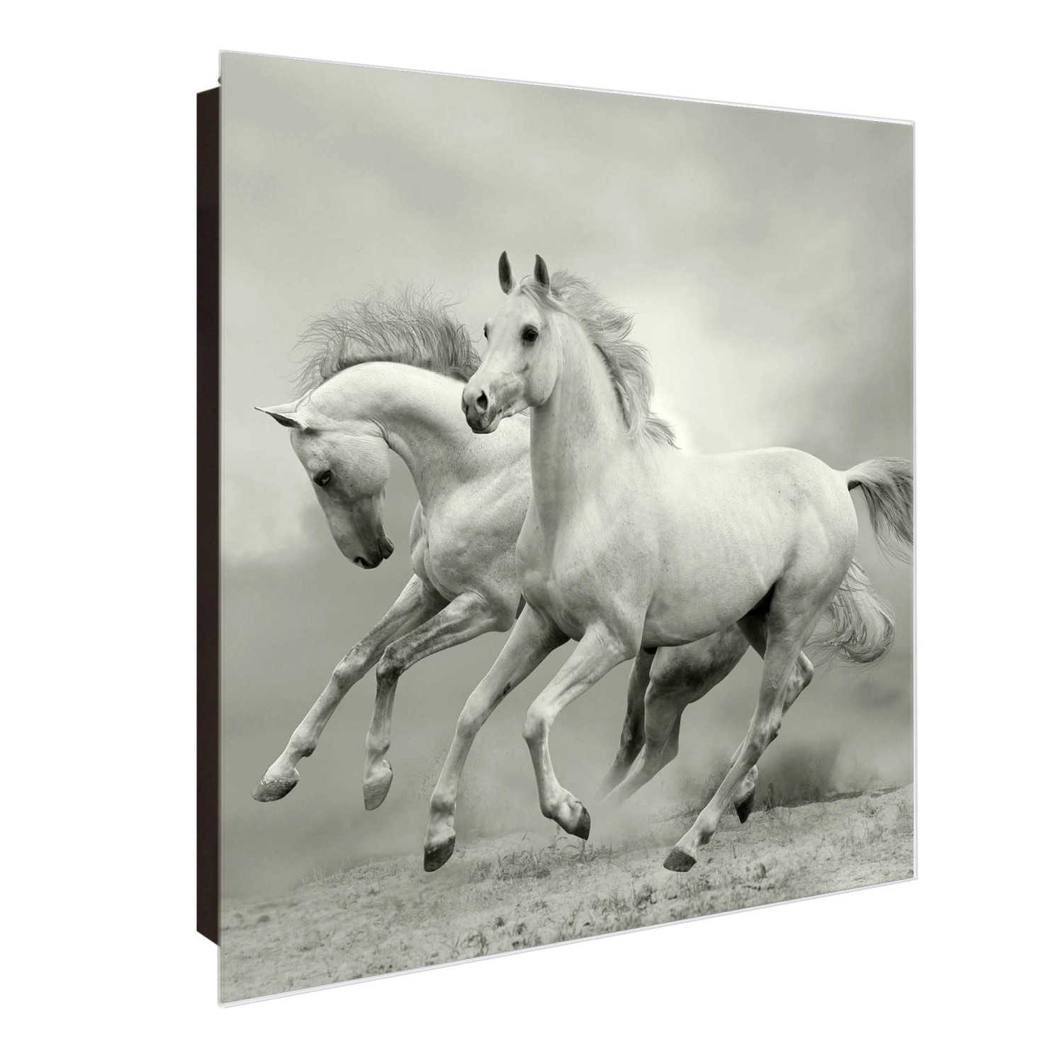 Banjado Großer Schlüsselkasten Glas 30x30cm Schwarz Scharnier Links 50 Haken Beschreibbar Magnetisch Motiv Wilde Pferde Sw