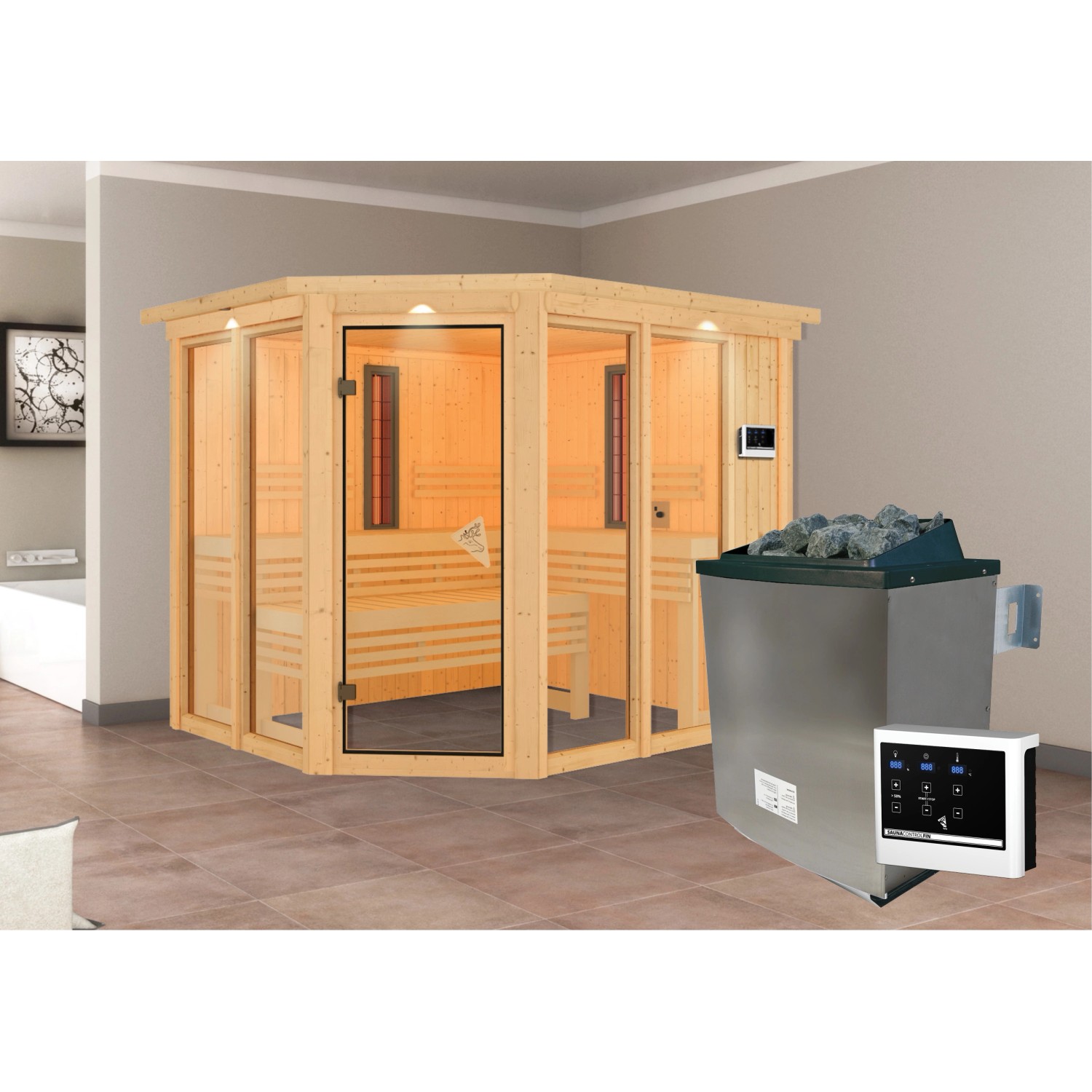 Karibu Infrarotkabine Anka mit Ofen 2 Infrarotstrahler + LED-Dachkranz Natur