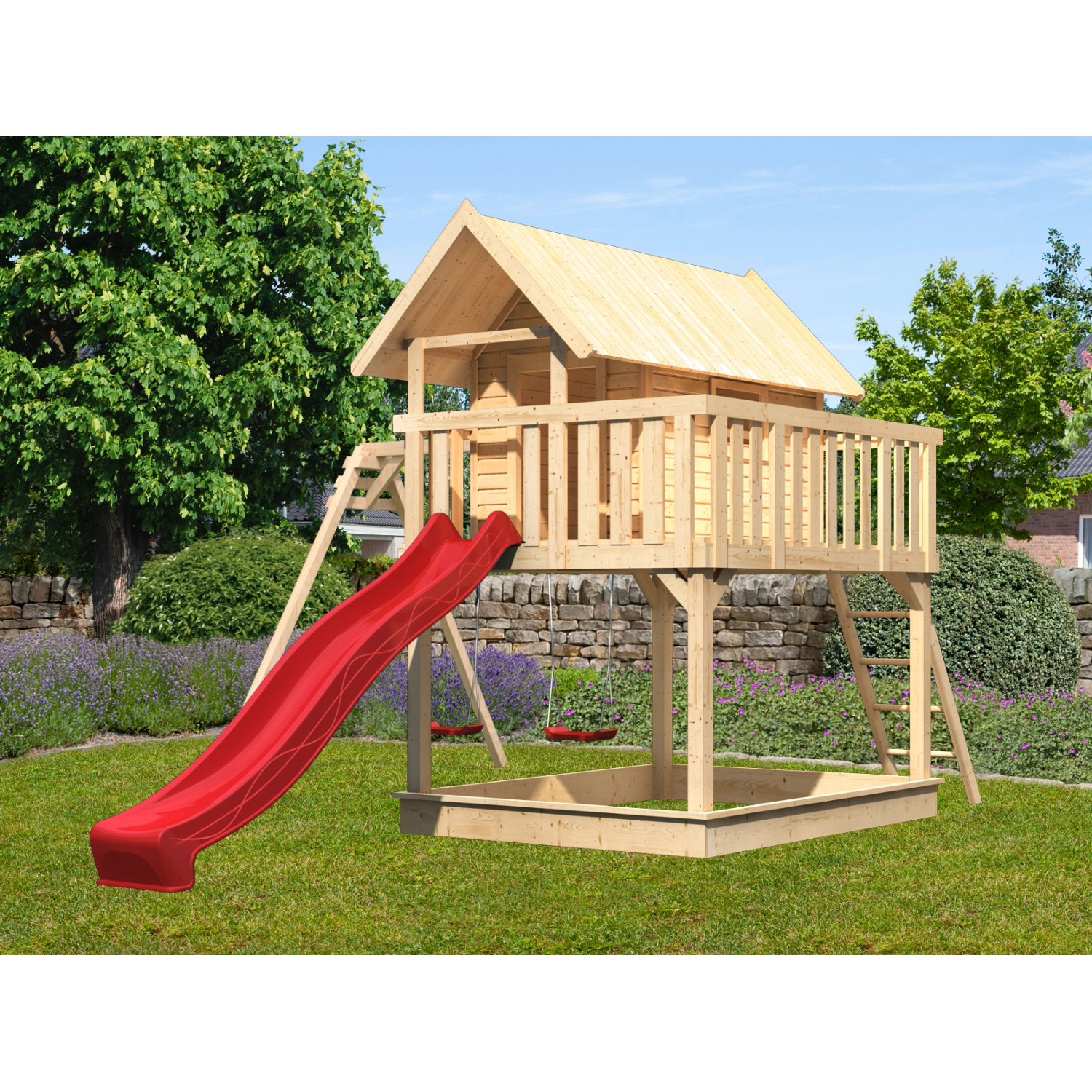 Karibu Stelzenhaus Fidel Natur mit Doppelschaukel Wellenrutsche Rot