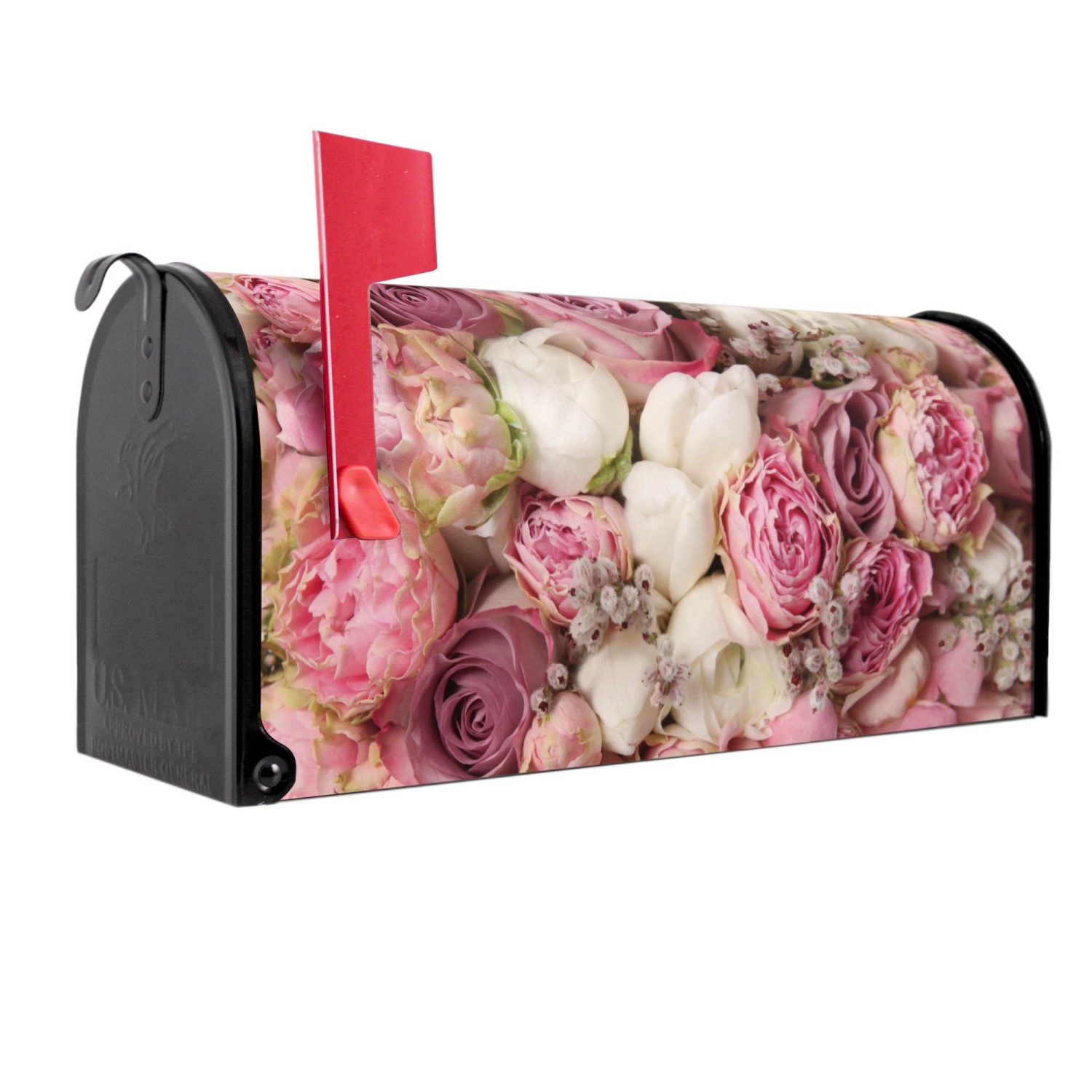 Banjado Amerikanischer Briefkasten Schwarz 48x22x16cm US Mailbox Letterbox Postkasten Stahl Pulverbeschichtet Motiv Strauss Rosen