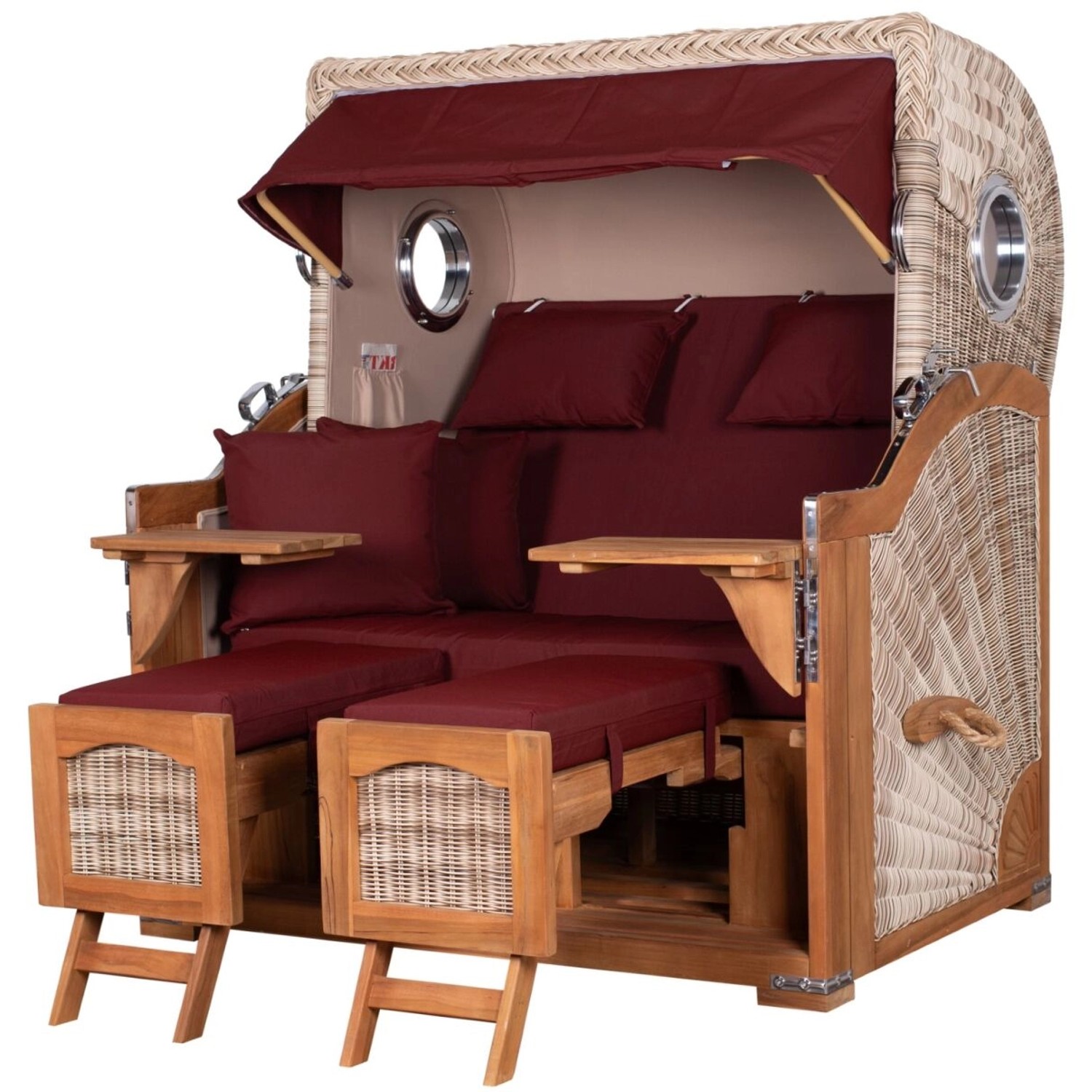 bene living Strandkorb Komplettset Ammersee Grande XL Teak Bullauge PE Shell Modell 550 Inkl Liftersystem Schutzhülle Doppelrollen Glasbecherhalter