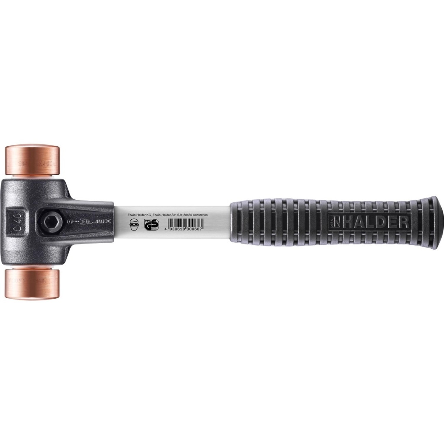Halder Simplex Schonhammer Ø 40 mm Kupfer mit Verstärktem Tempergussgehäuse und FiberglasStiel