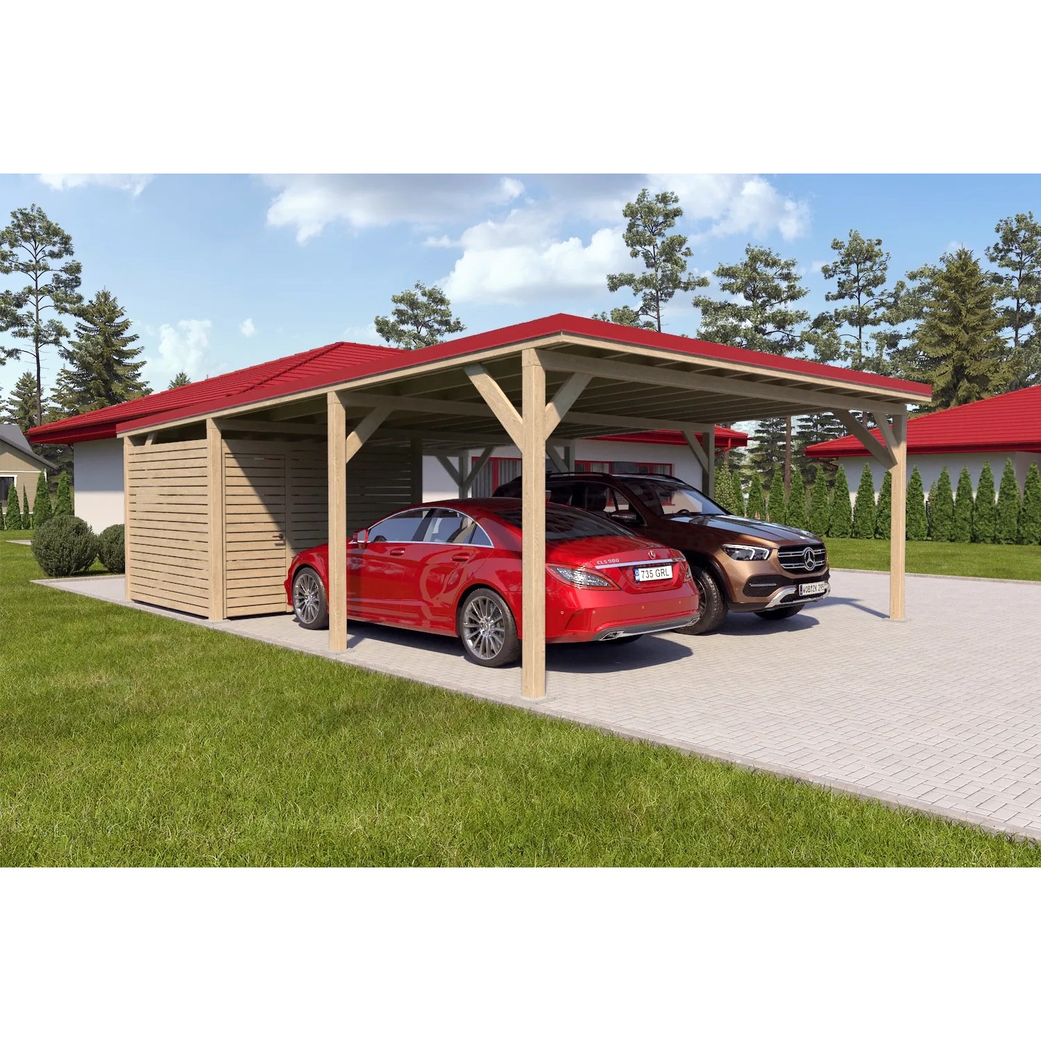 Holzbrüder Carport Ralf 52m² mit kl. Geräteraum Natur-Rot
