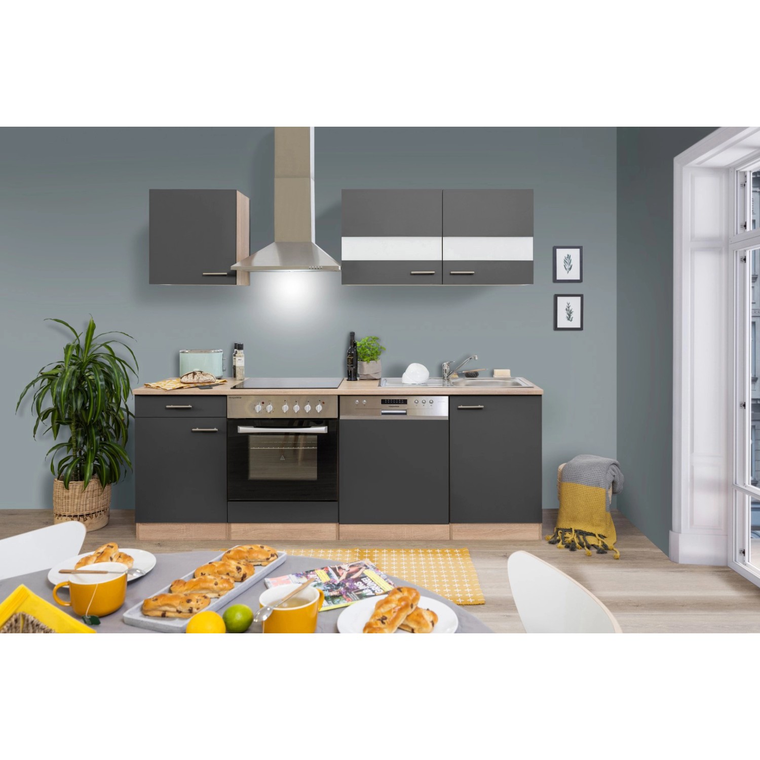 Respekta Küchenzeile KB220ESGC 220 cm Grau-Eiche Sägerau Nachbildung Glänzend