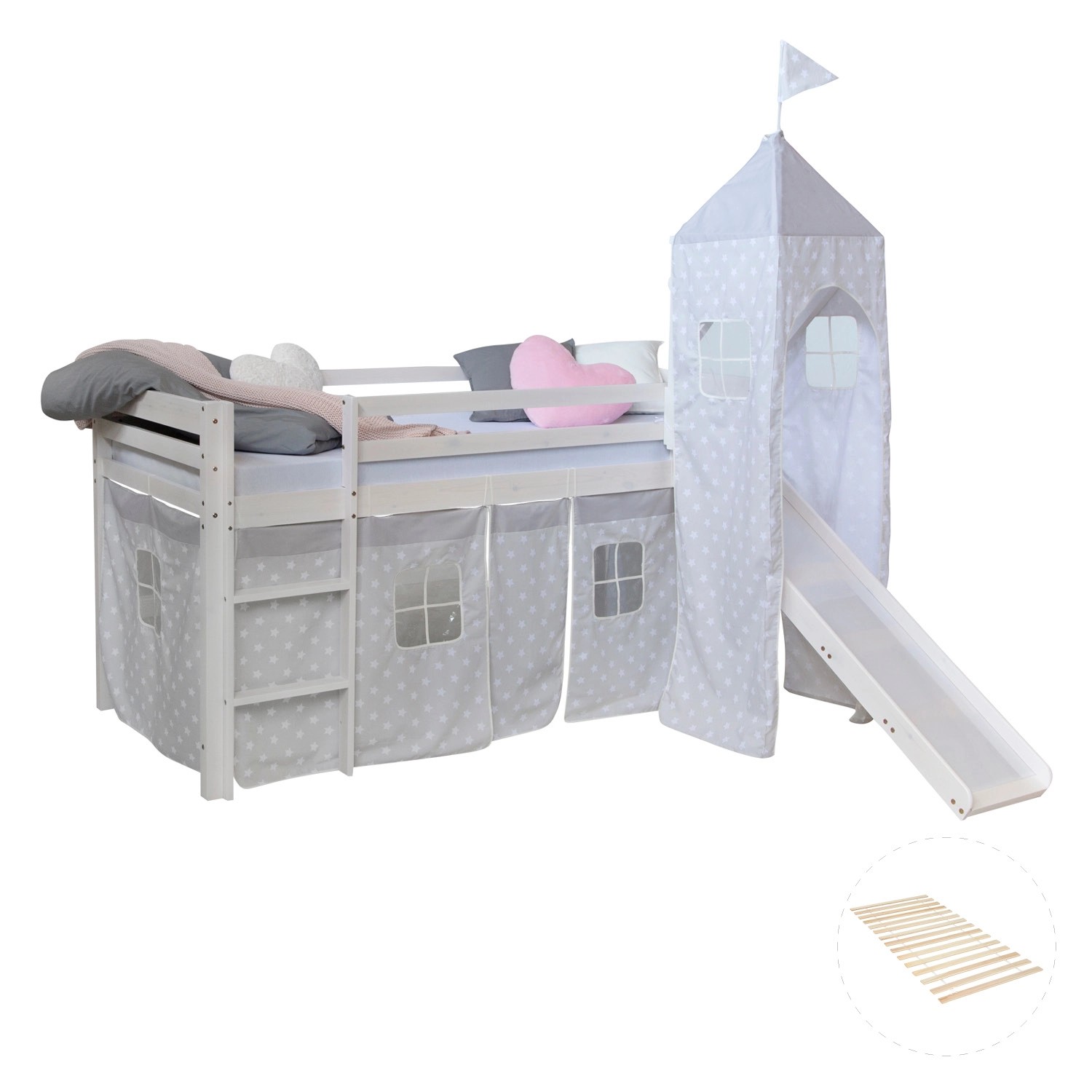 Homestyle4u Hochbett 90x200 Weiß mit Lattenrost und Rutsche Turm 2768