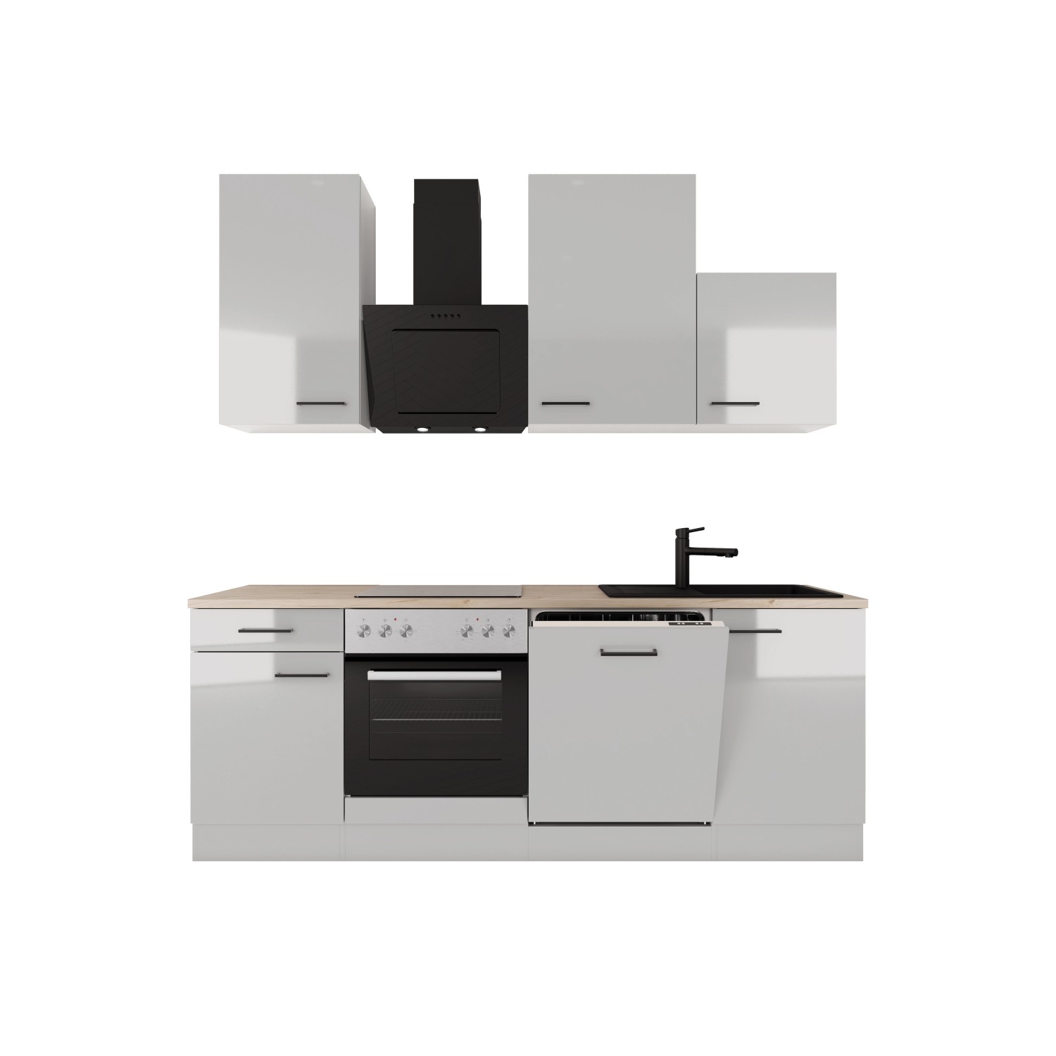 Flex-Well Exclusiv Küche 1701-017sWs Lund 220 cm Lichtgrau glänzend-Rauchgrau