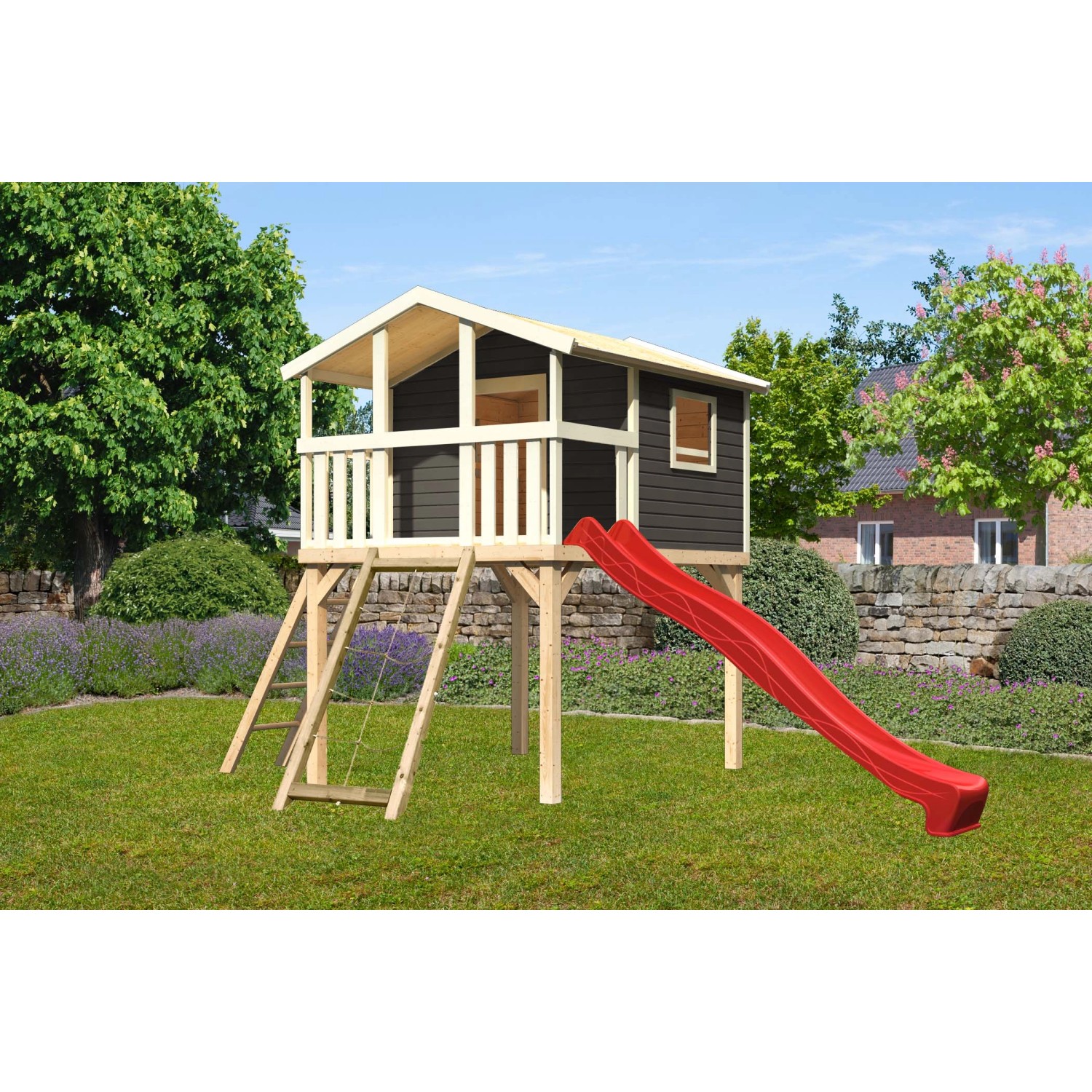 Karibu Stelzenhaus Benjamin Terragrau mit Leiter, Netzrampe & Rutsche Rot