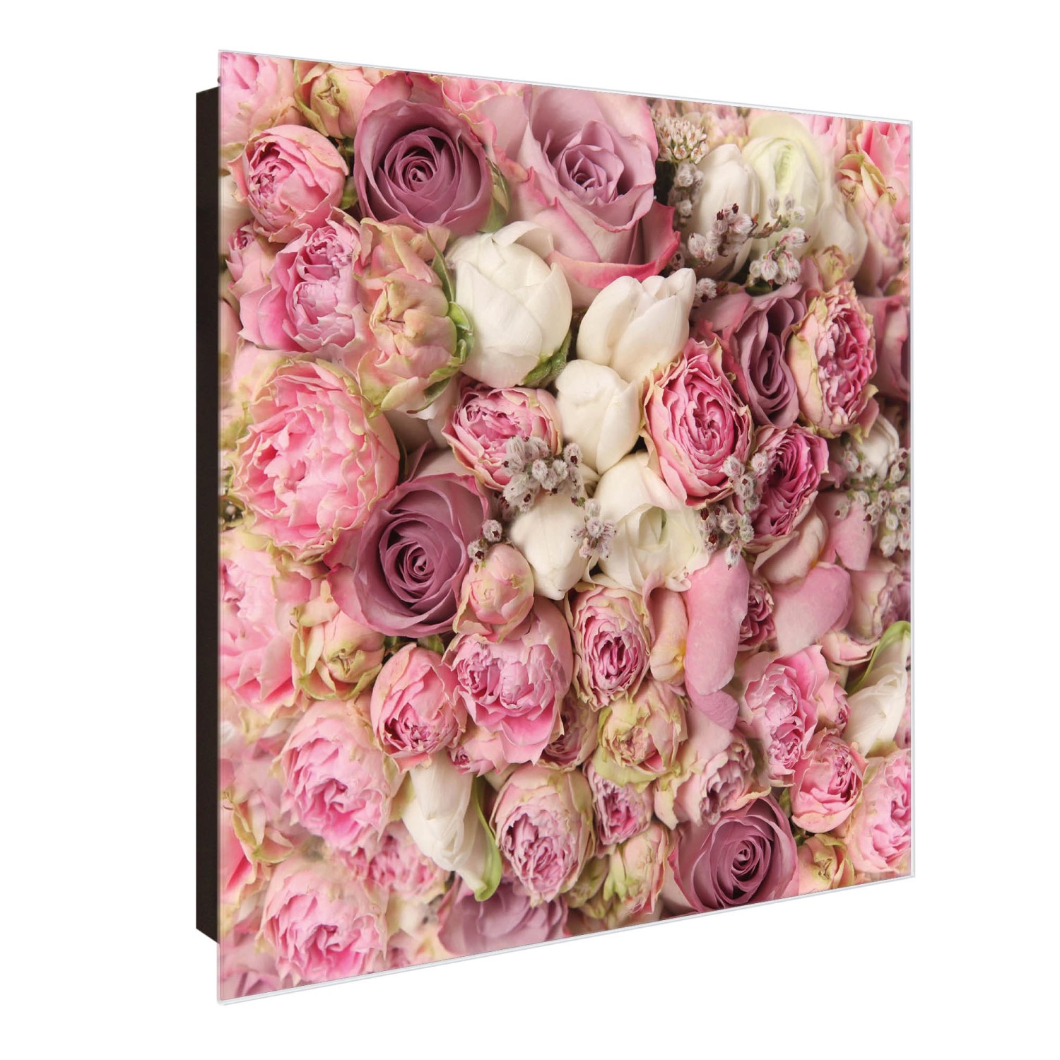 Banjado Großer Schlüsselkasten Glas 30x30cm Schwarz Scharnier Rechts 50 Haken Beschreibbar Magnetisch Motiv Strauss Rosen