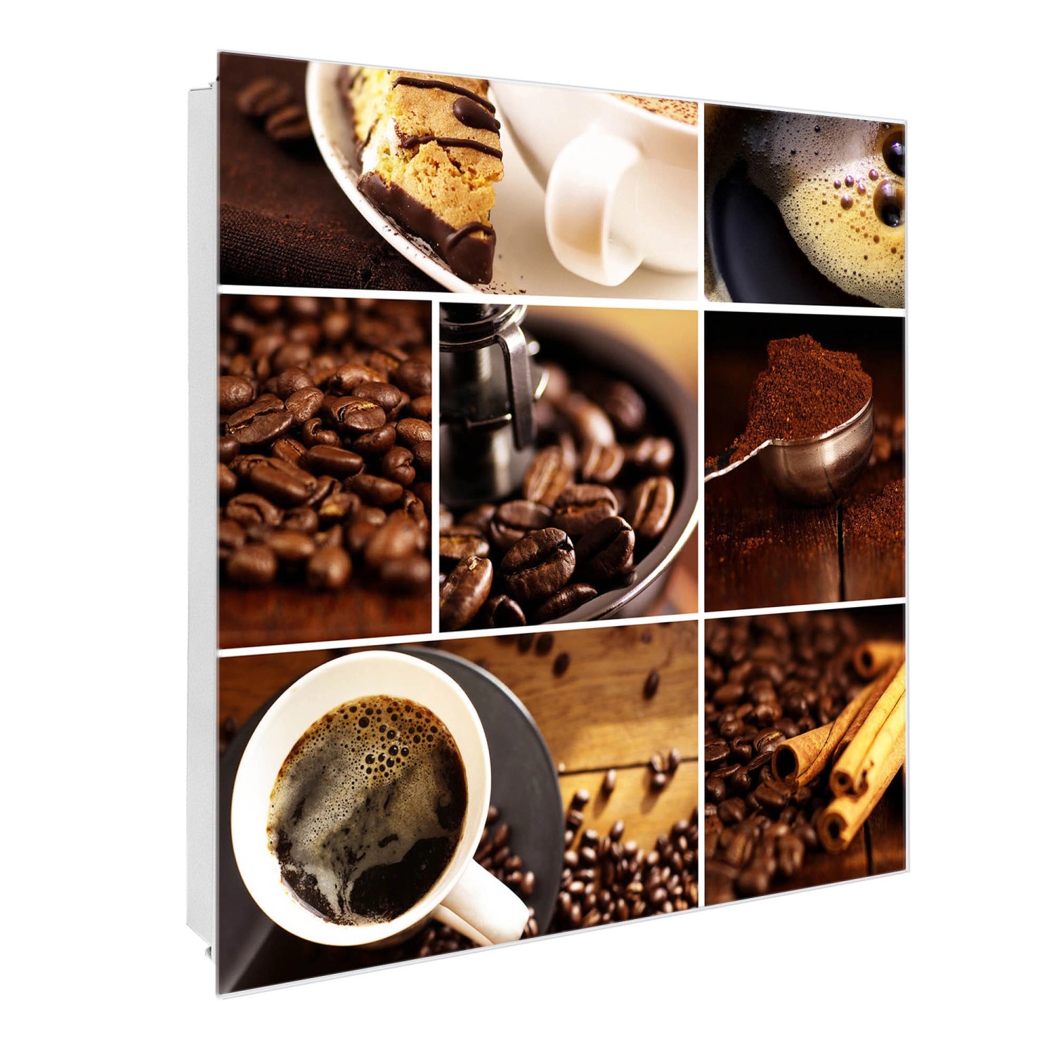 Banjado Großer Schlüsselkasten Glas 30x30cm Weiß Scharnier Rechts 50 Haken Beschreibbar Magnetisch Motiv Kaffee&Schokolade