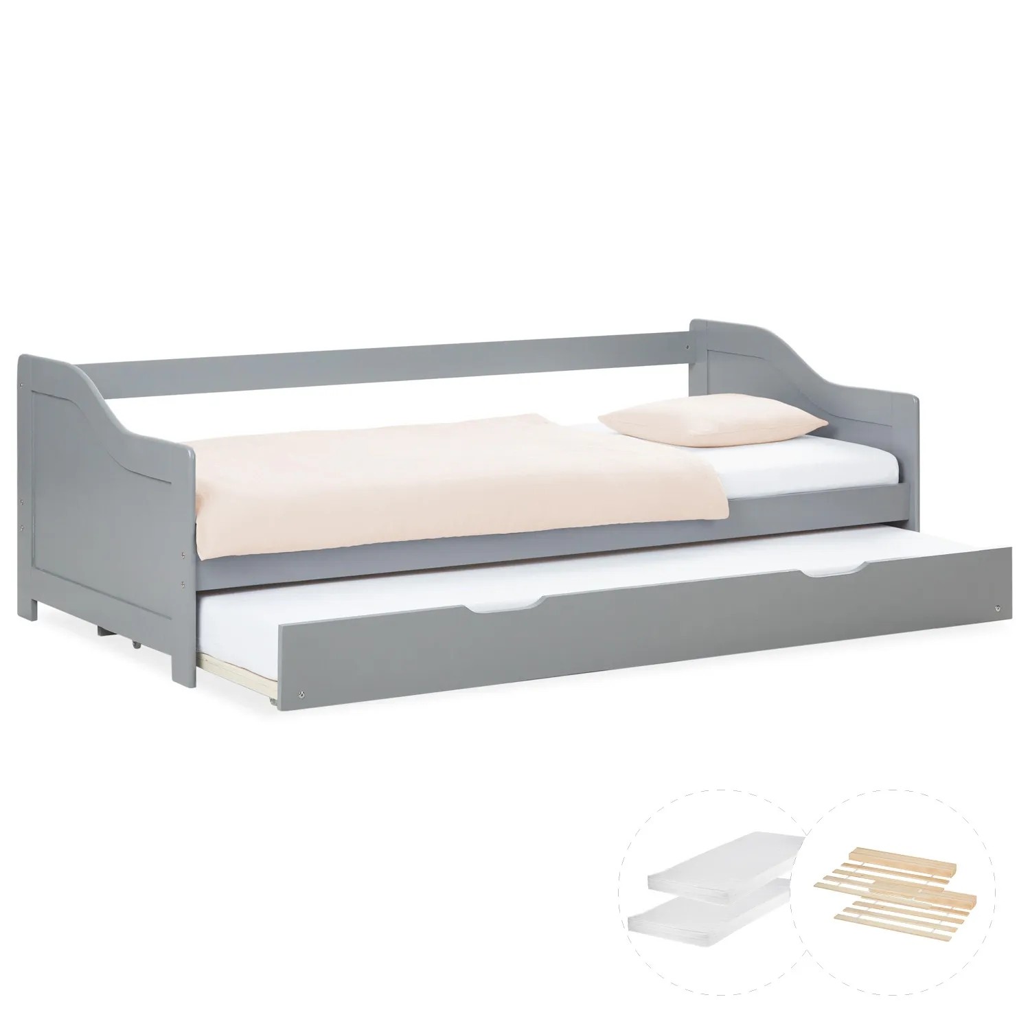 Homestyle4u Tagesbett Ausziehbett 90x200 cm Grau mit Matratze 3080
