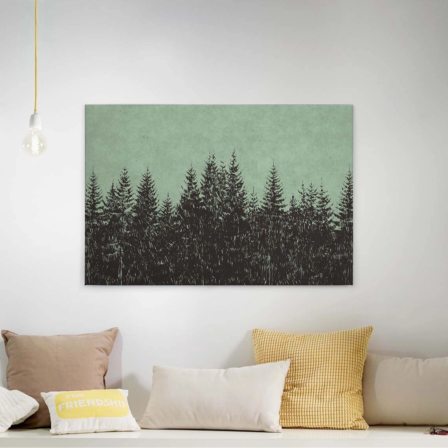 Bricoflor Leinwand Bild Mit Tannenwald Holzschnitt Bild Auf Leinwand In Dunkelgrün Modernes Canvas Wandbild Mit Wald Motiv Für Schlafzimmer