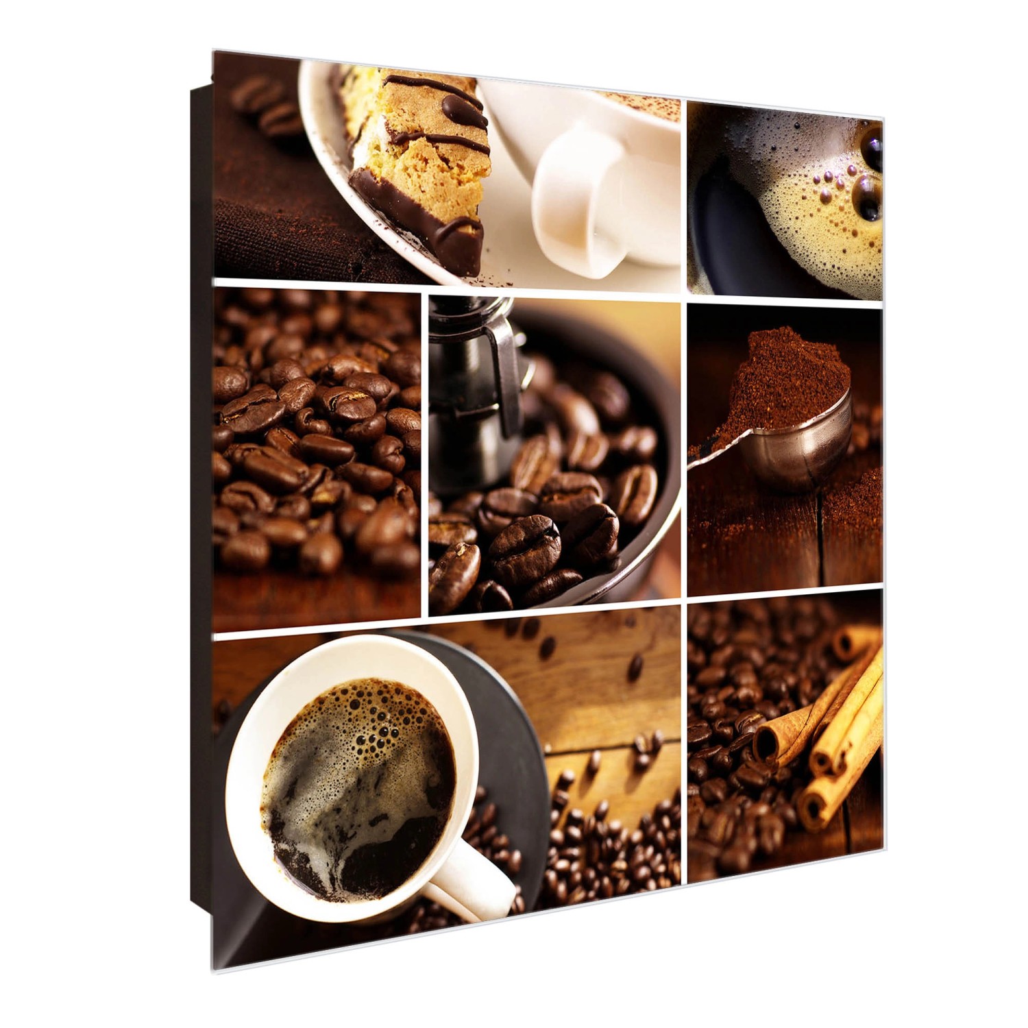 Banjado Großer Schlüsselkasten Glas 30x30cm Schwarz Scharnier Links 50 Haken Beschreibbar Magnetisch Motiv Kaffee&Schokolade