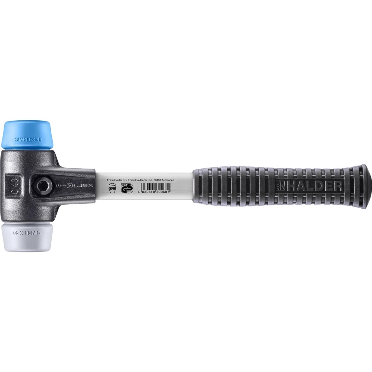 Halder Simplex Schonhammer Ø 40 mm TPE-soft Blau TPE-mid Grau mit Verstärktem Tempergussgehäuse und FiberglasStiel