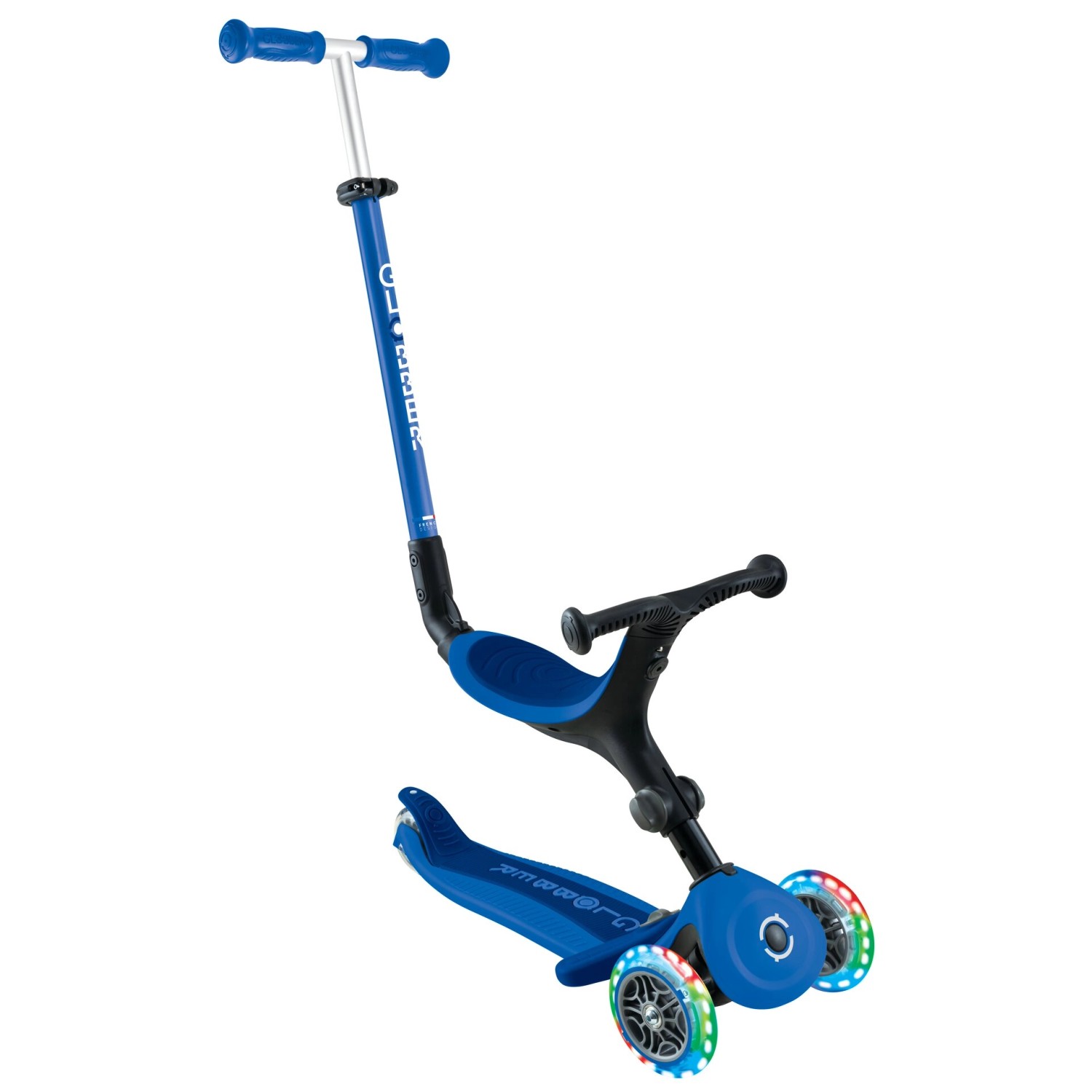 Globber Go-Up Active Lights 3 in 1 Dreirad Laufrad und Scooter 120/80 mm 3-Rädrig Höhenverstellbar Dunkelblau