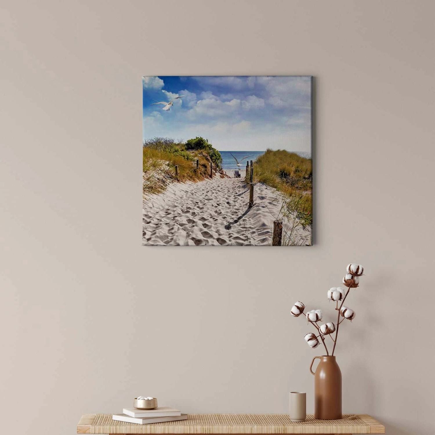 Bricoflor Leinwand Bild Mit Möwen Am Meer Strand Wandbild Mit Dünen Ideal Für Schlafzimmer Und Badezimmer Maritimes Leinwandbild Mit Strandkorb