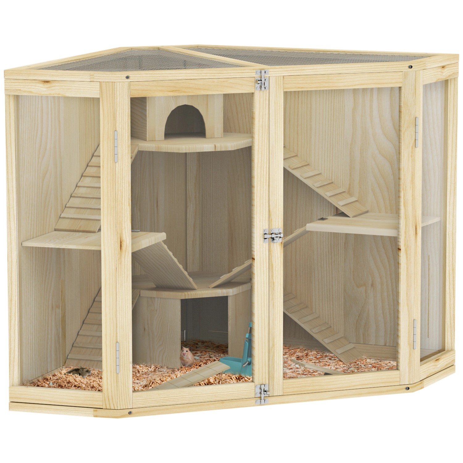 PawHut Hamsterkäfig Tanne PET Naturholz 115L x 69,5B x 79H cm