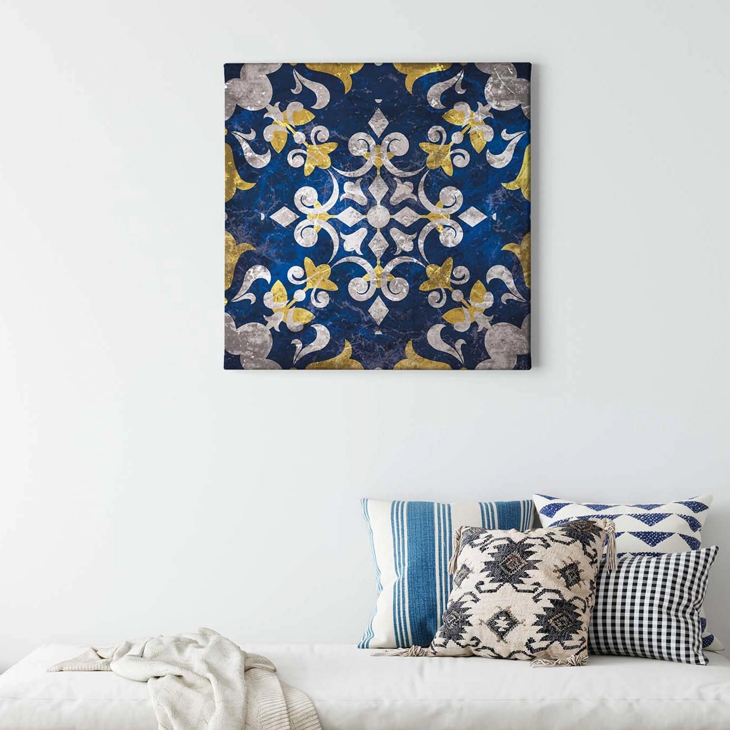 Bricoflor Ornament Leinwand Bild In Blau Und Gelb Dunkelblaues Leinwand Bild Im Boho Stil Schlafzimmer Und Küchen Leinwandbild Mit Mosaik Design