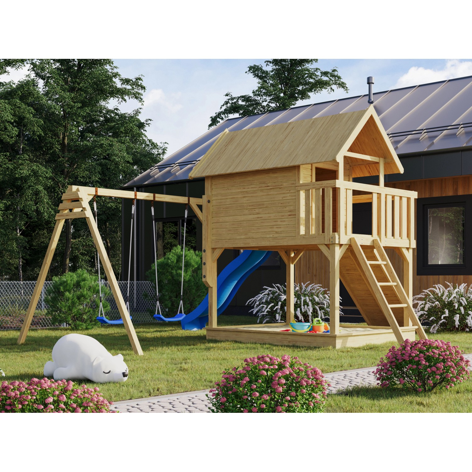 Karibu Stelzenhaus Fidel Natur mit Doppelschaukel Wellenrutsche Blau