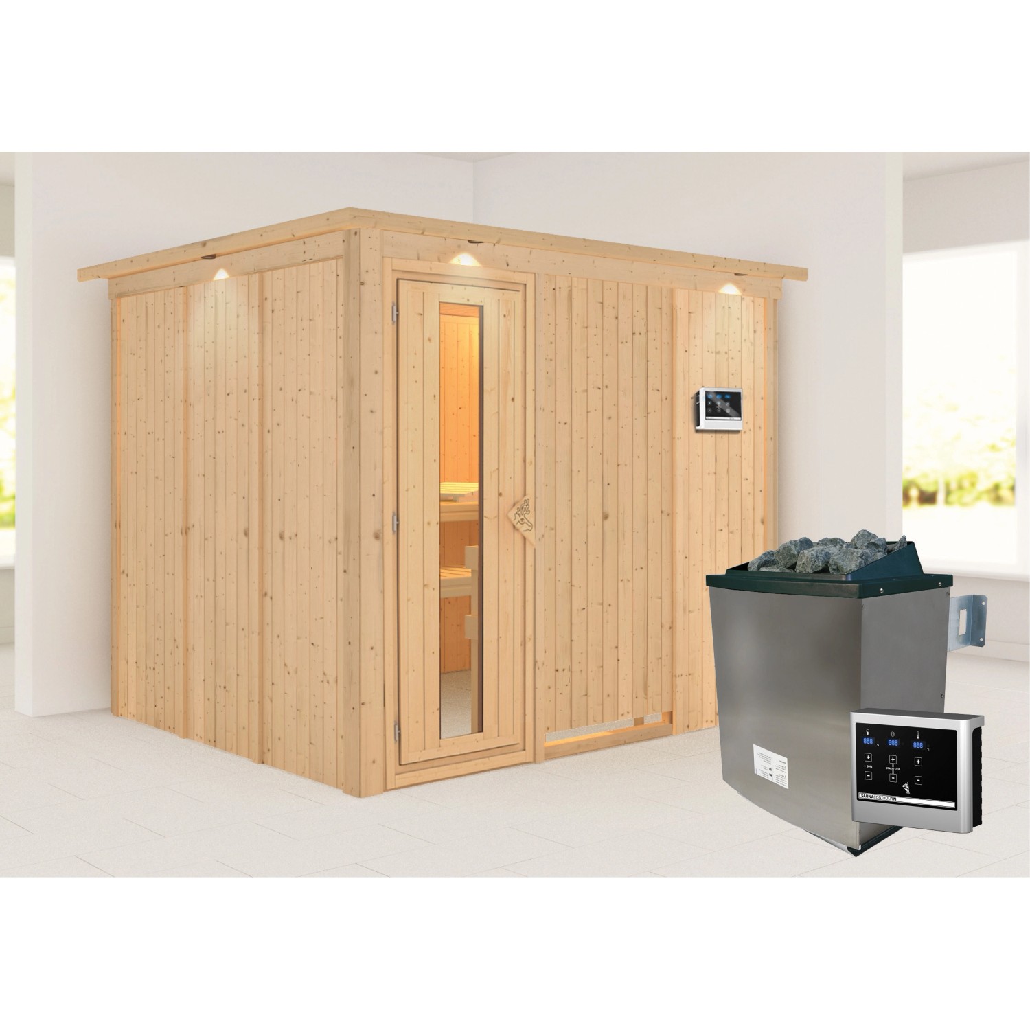 Karibu Sauna Gunda mit Ofen m. mit Ofen externe Stg.LED-Dachkranz Natur