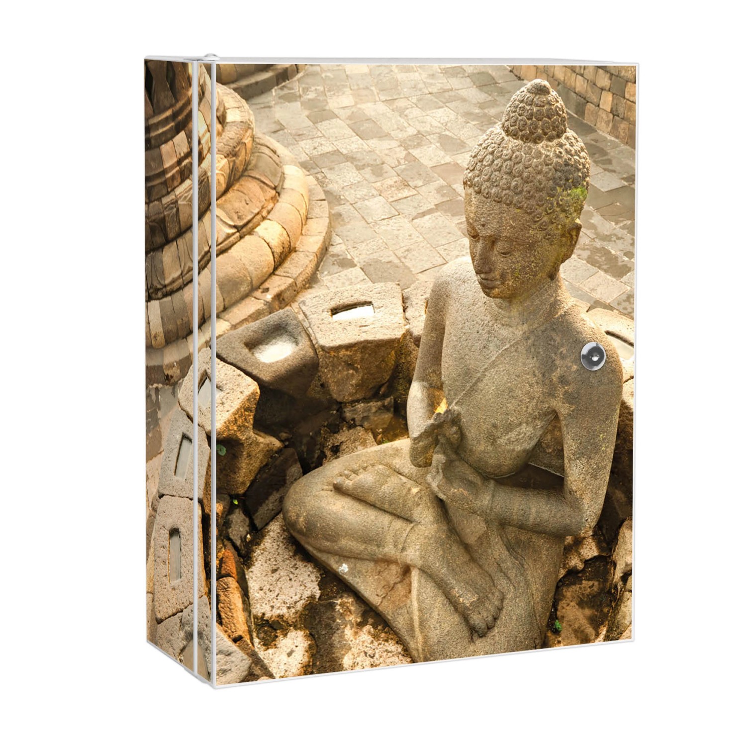 Banjado XXL Medizinschrank Abschliessbar 35x46x15cm Arzneischrank Weiß Aus Metall Mit Motiv Sitzender Buddha