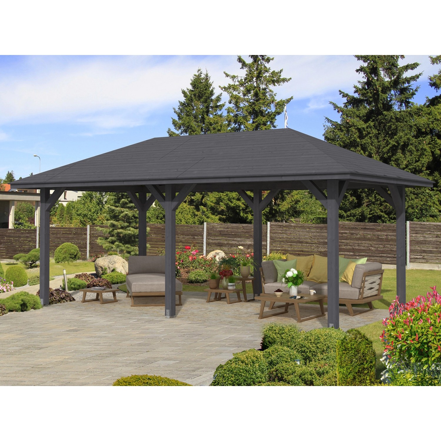 Skan Holz Holz-Pavillon Orleans 1 Schiefergrau lasiert 294 cm x 576 cm