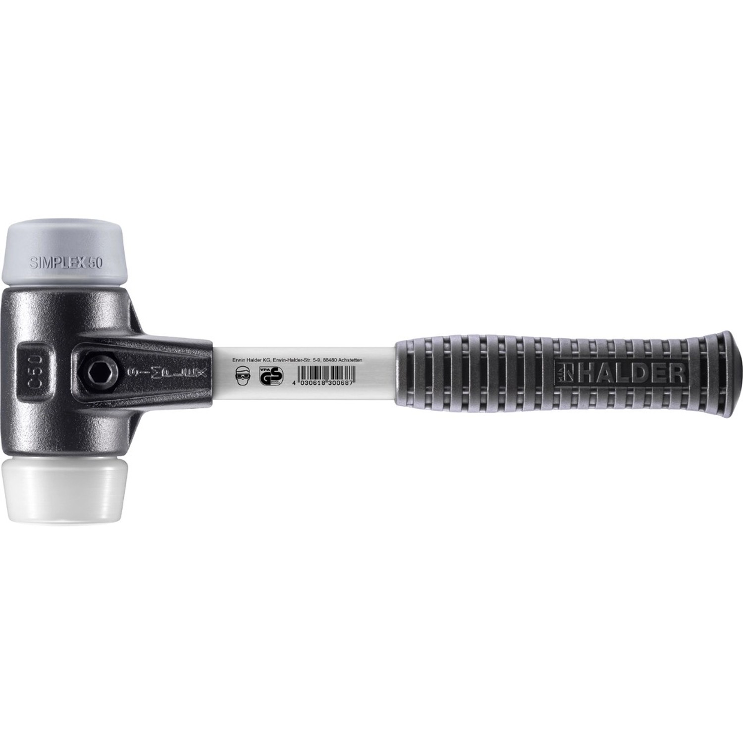 Halder Simplex Schonhammer Ø 50 mm TPE-mid Grau Superplastik mit Verstärktem Tempergussgehäuse und FiberglasStiel