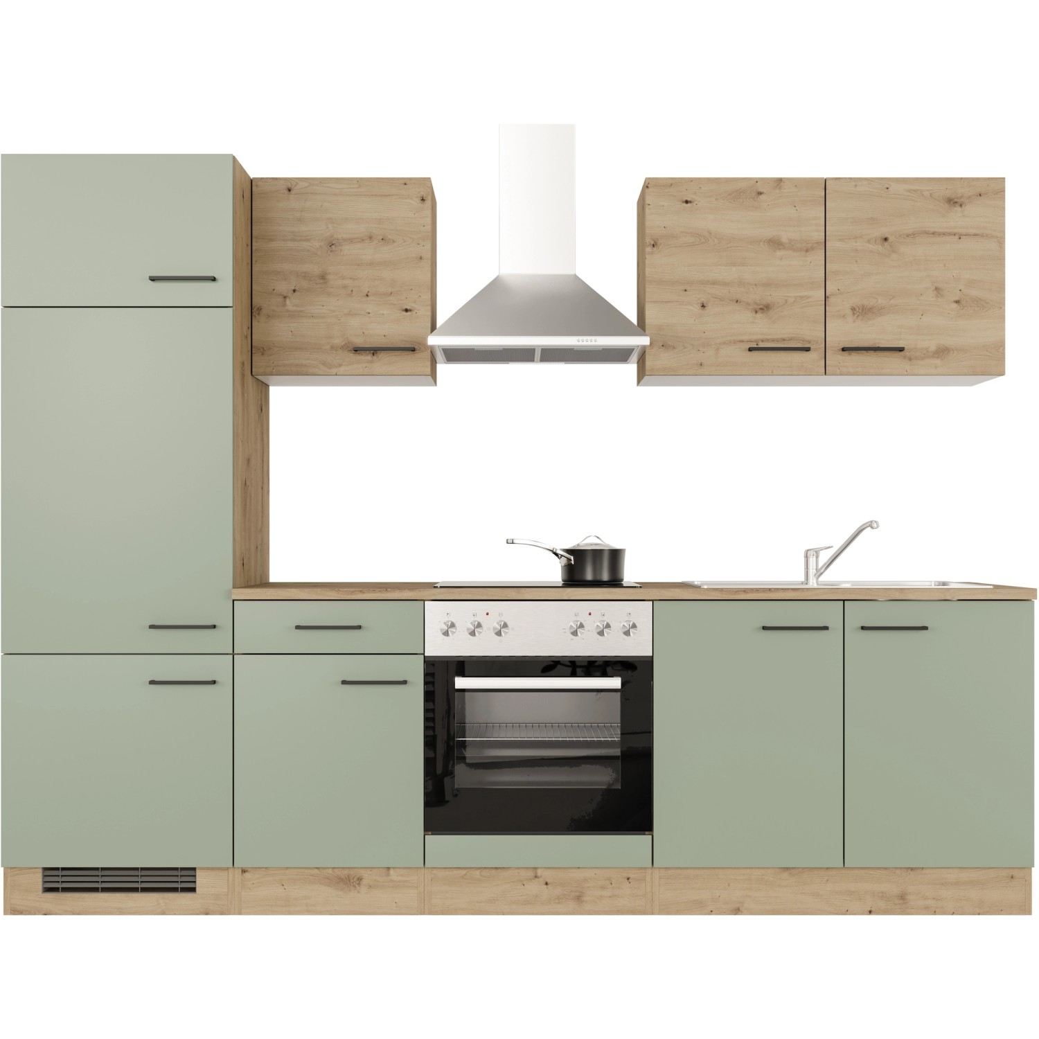 Flex-Well Exclusiv Küchenzeile Cara 270 cm Schilfgrün matt - Artisan Eiche