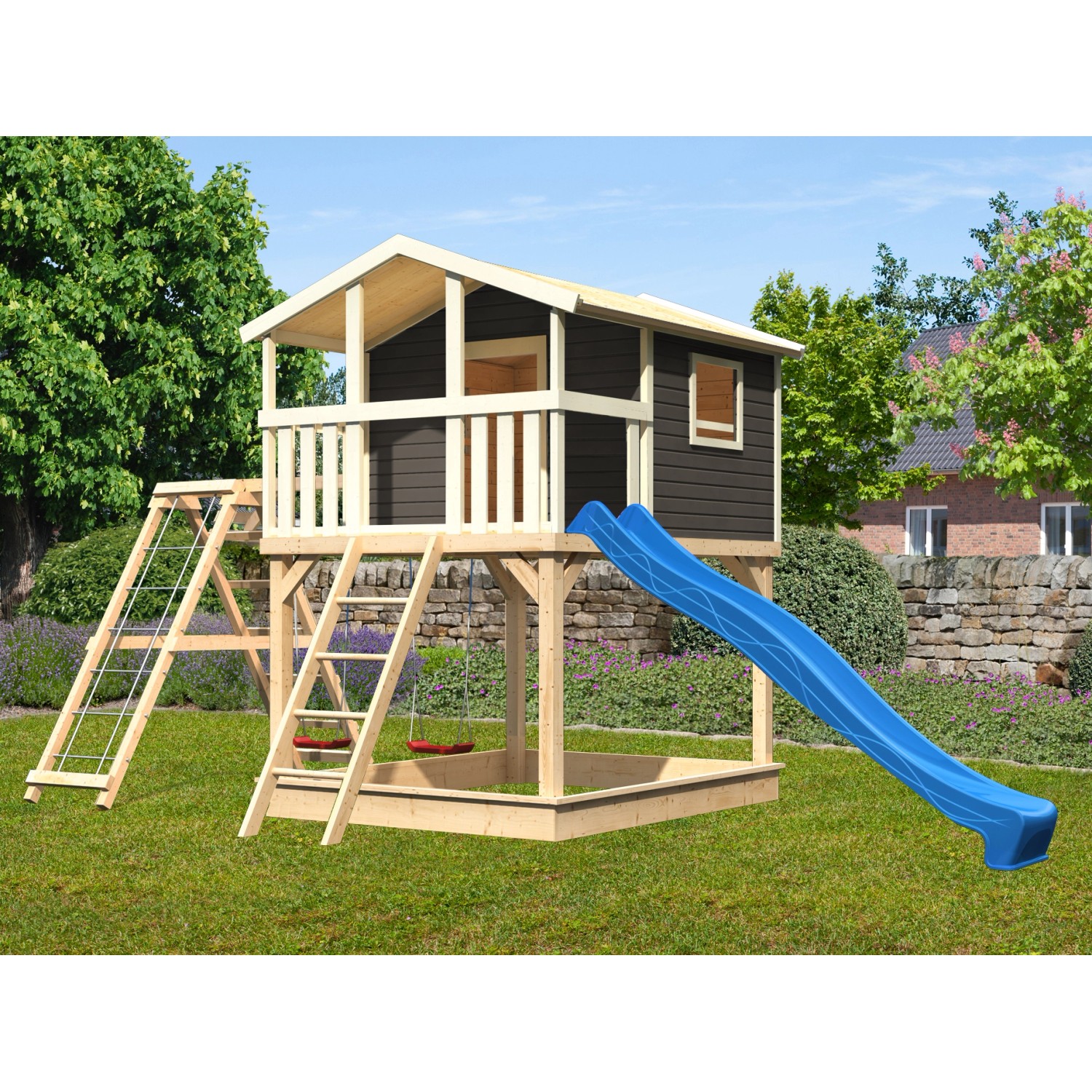 Karibu Stelzenhaus Benjamin Grau Schaukel Kletterger Netzrampe Rutsche Blau