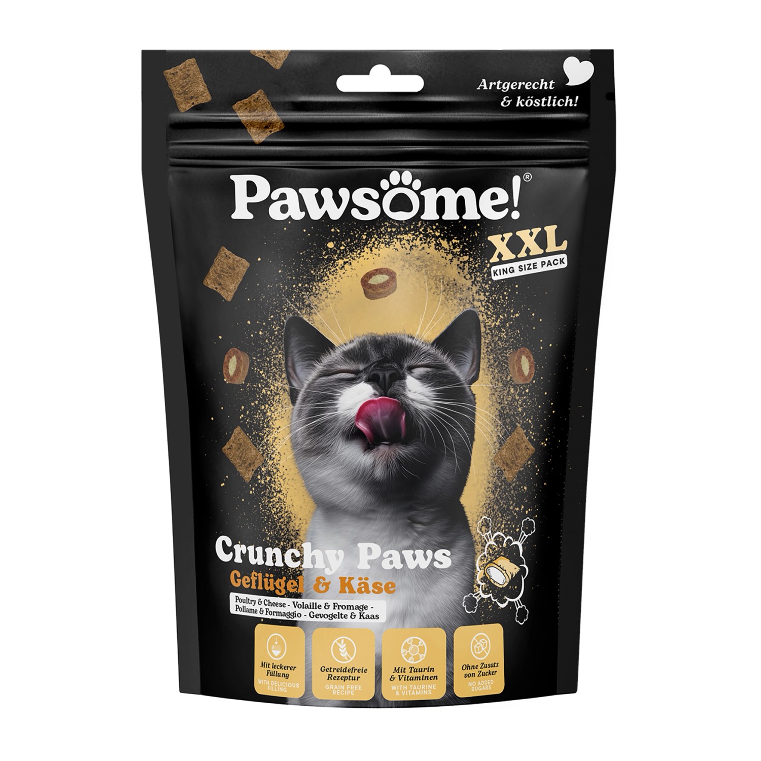 Pawsome Katzen-Ergänzungsfutter Crunchy Paws Huhn & Käse 150 g